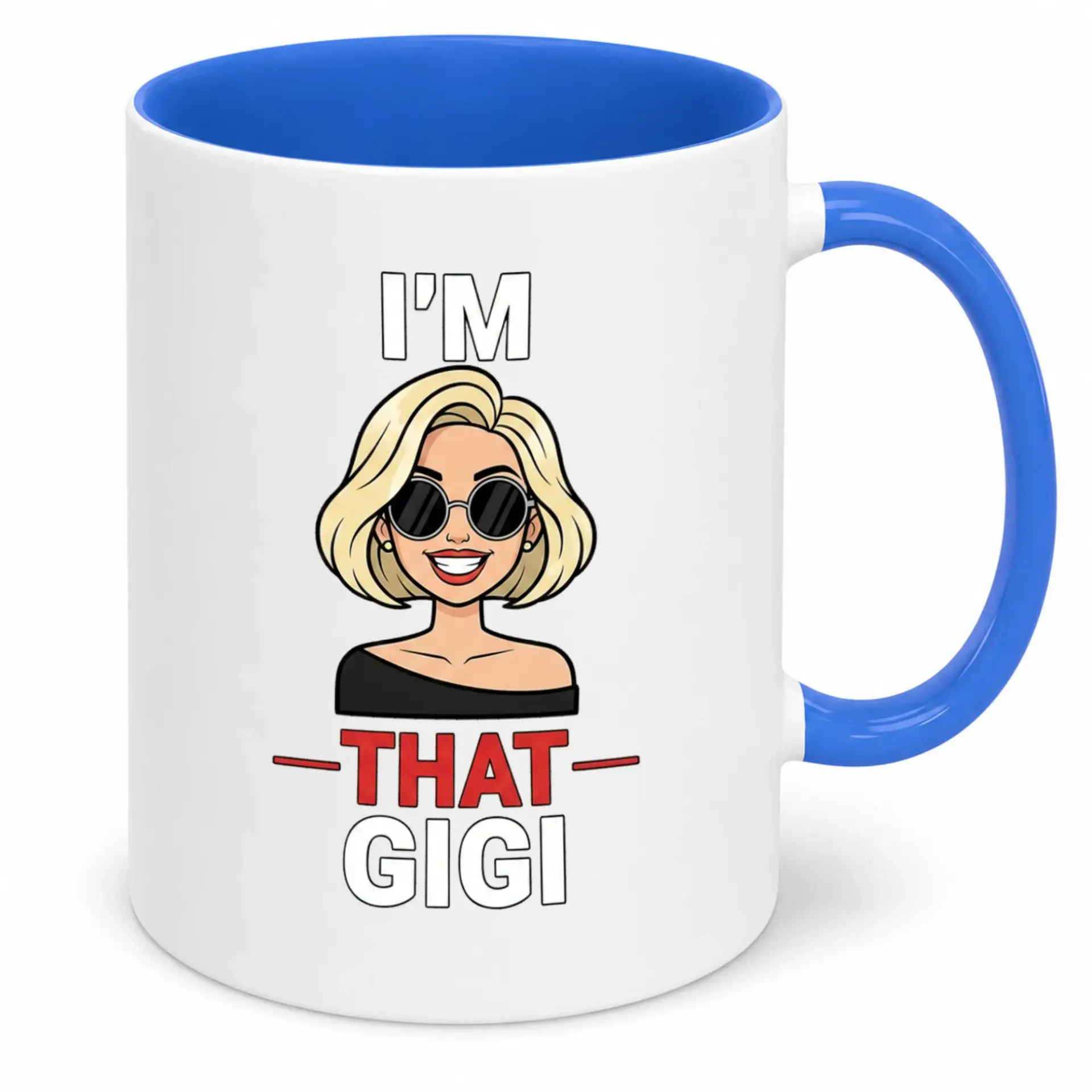 Funny Gigi Coffee Mug for Grandmothers and Aunts Unique Ceramic Drinkware Gift Women with Hair Sunglasses Cartoon Design