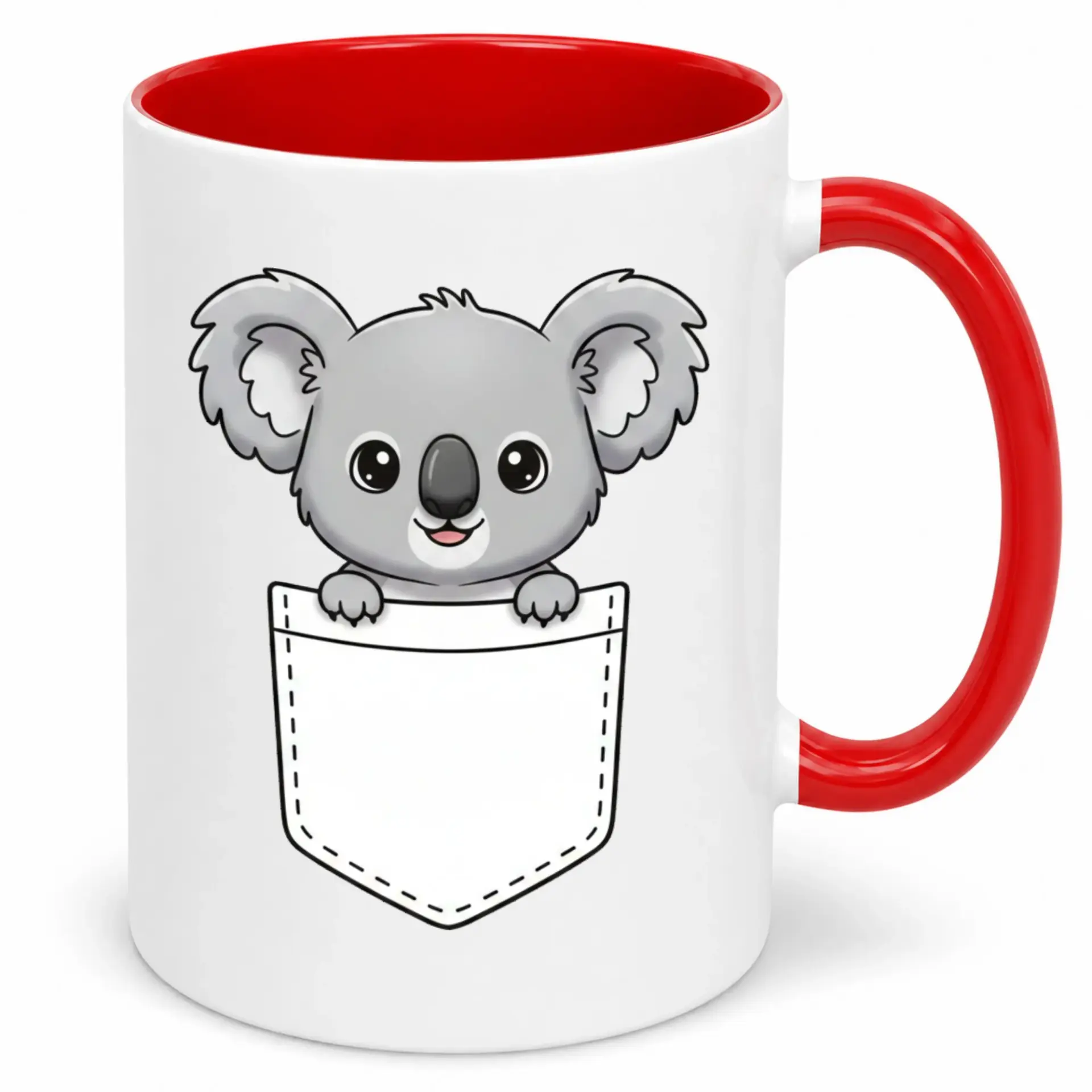 Koala Bear Ceramic Coffee Mug with Red Handle and Interior - Cute Animal in Pocket Design - Funny Novelty Beverage Cup for Home Office Gift
