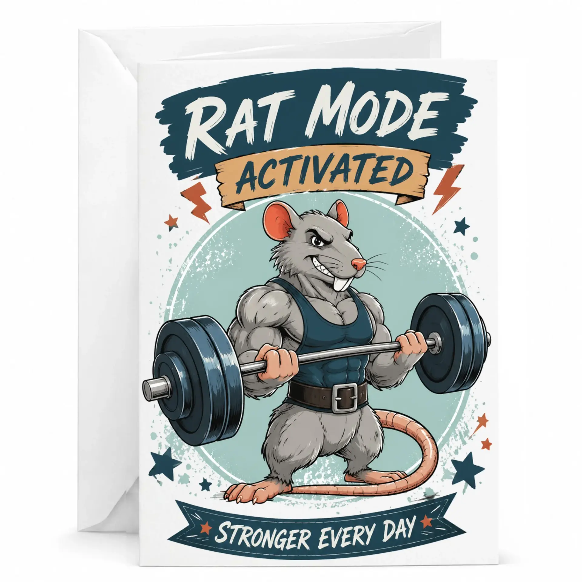 Funny Rat Mode Activated Greeting Card, Motivational Workout Illustration for Gym Lovers, 5x7 Inch Folded Note Card