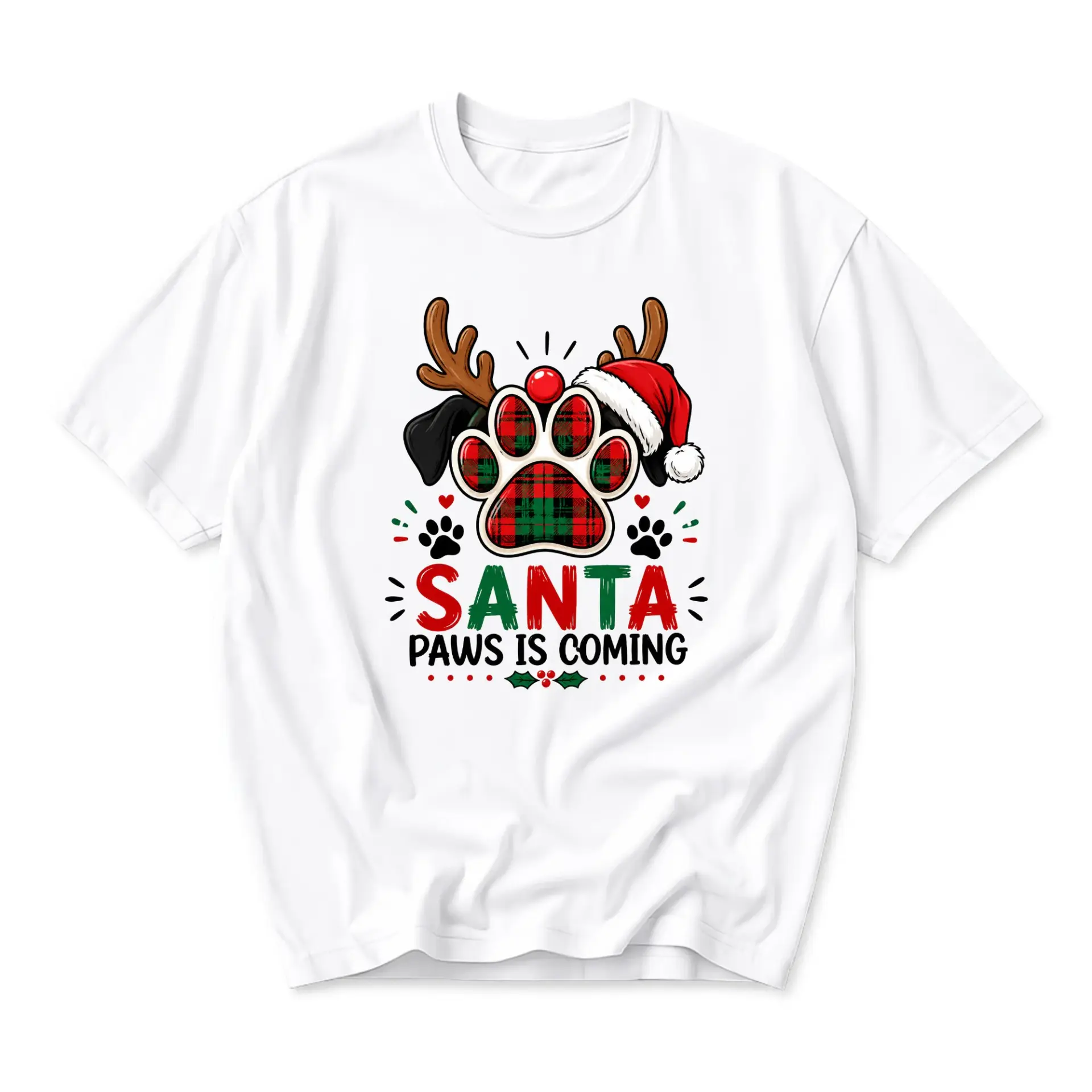 Funny Shirt Santa Paws Is Coming Holiday Pet Dog Paw Print Graphic Tee