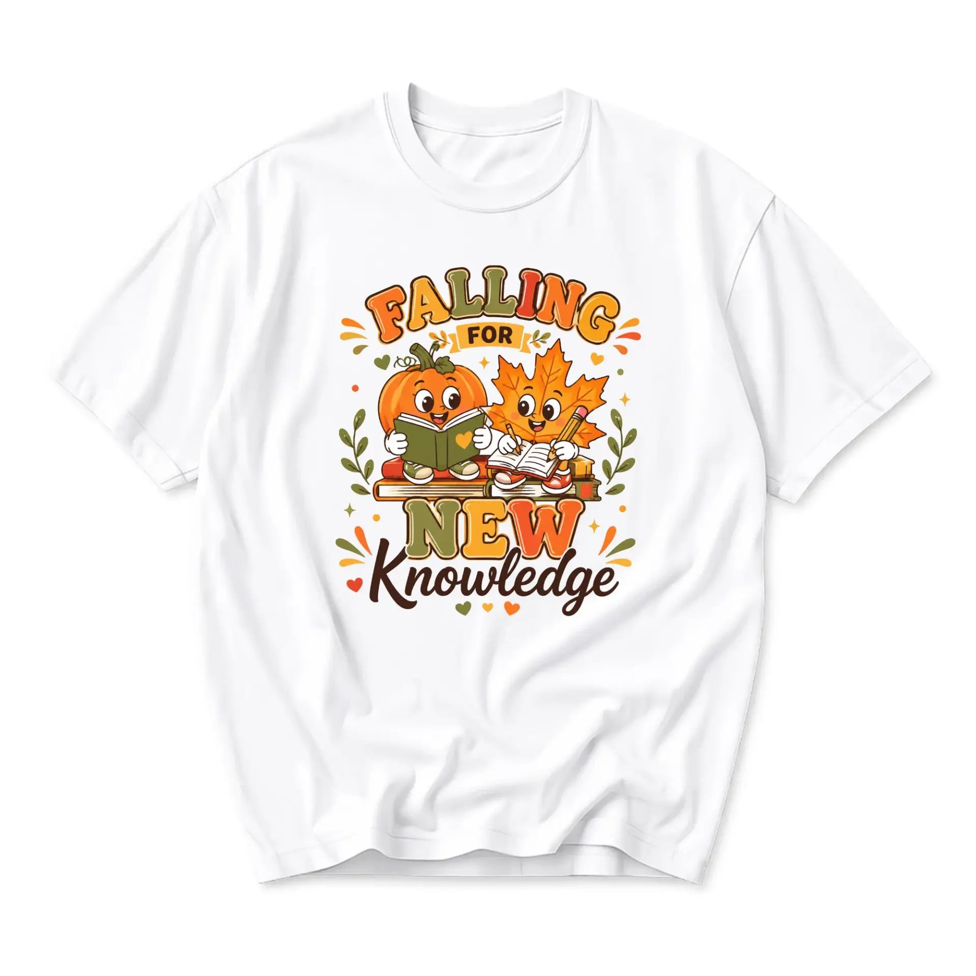 Graphic Tee Falling for New Knowledge Shirt Pumpkin and Leaf Reading Autumn Seasonal Unisex Crew Neck Cotton Top