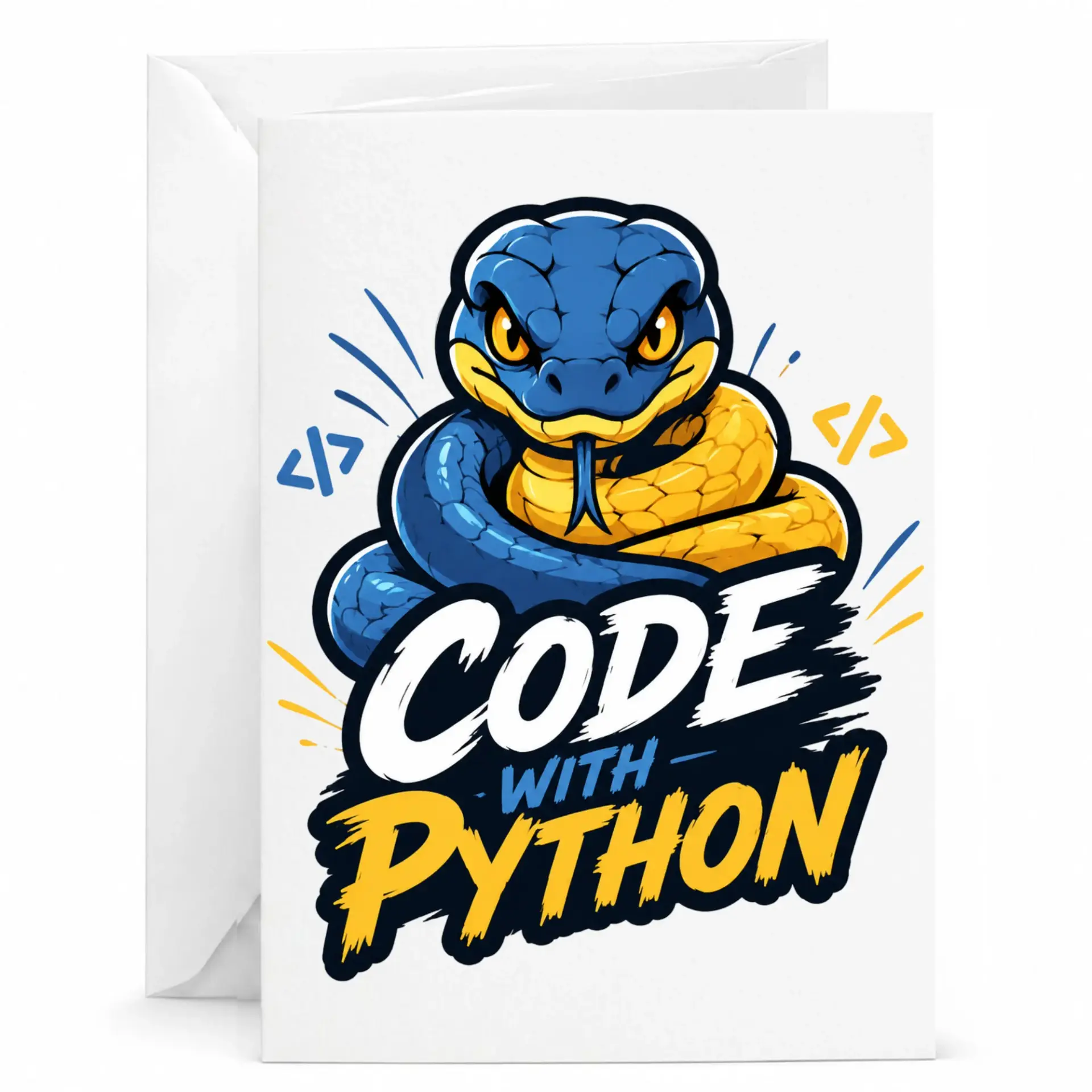 Greeting Card for Programmers Featuring a Fun Snake Illustration with Coding Symbols and Vibrant Graphic Design