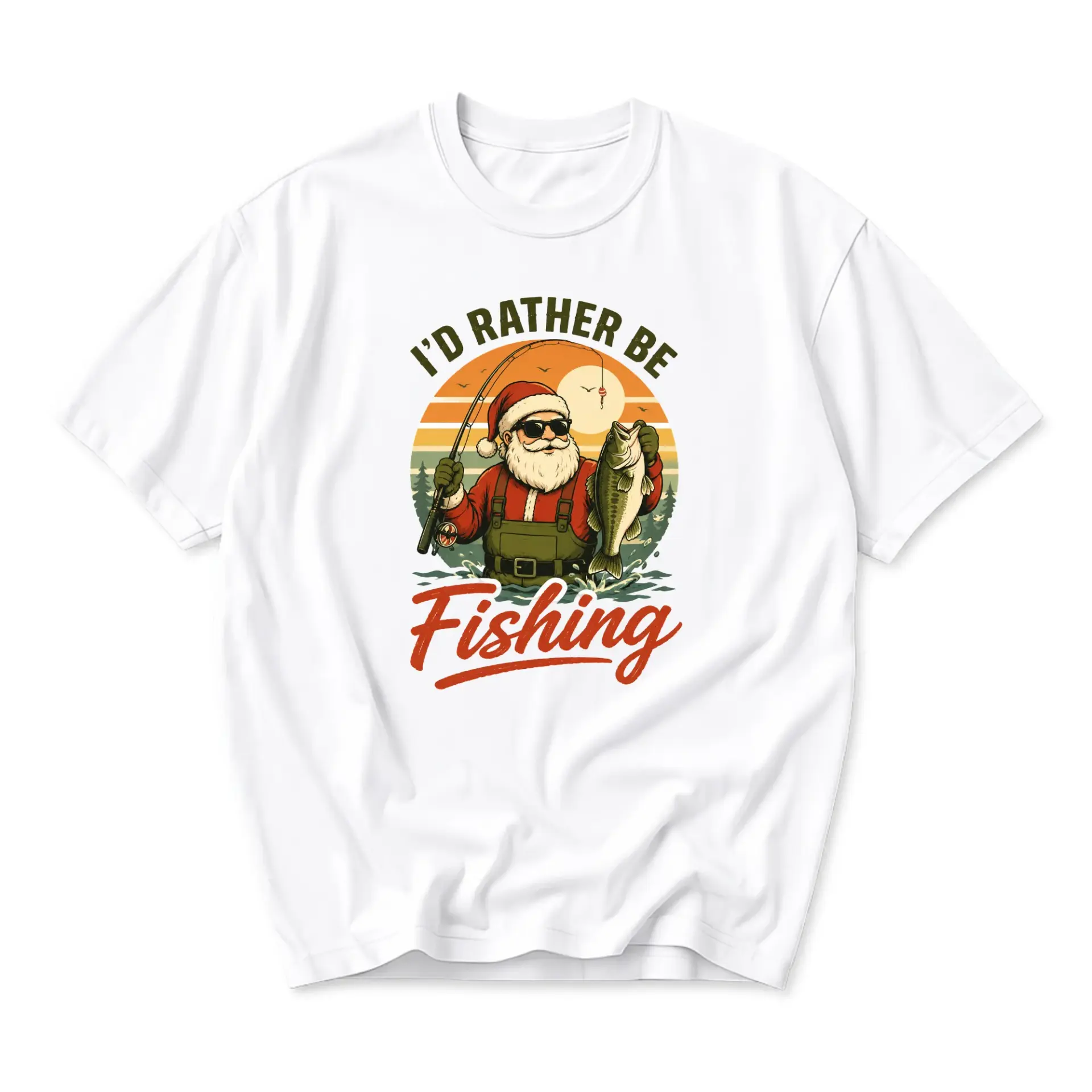 Funny Shirt I Would Rather Be Fishing Featuring Santa Claus Graphic Print Unisex Casual Crew Neck Apparel