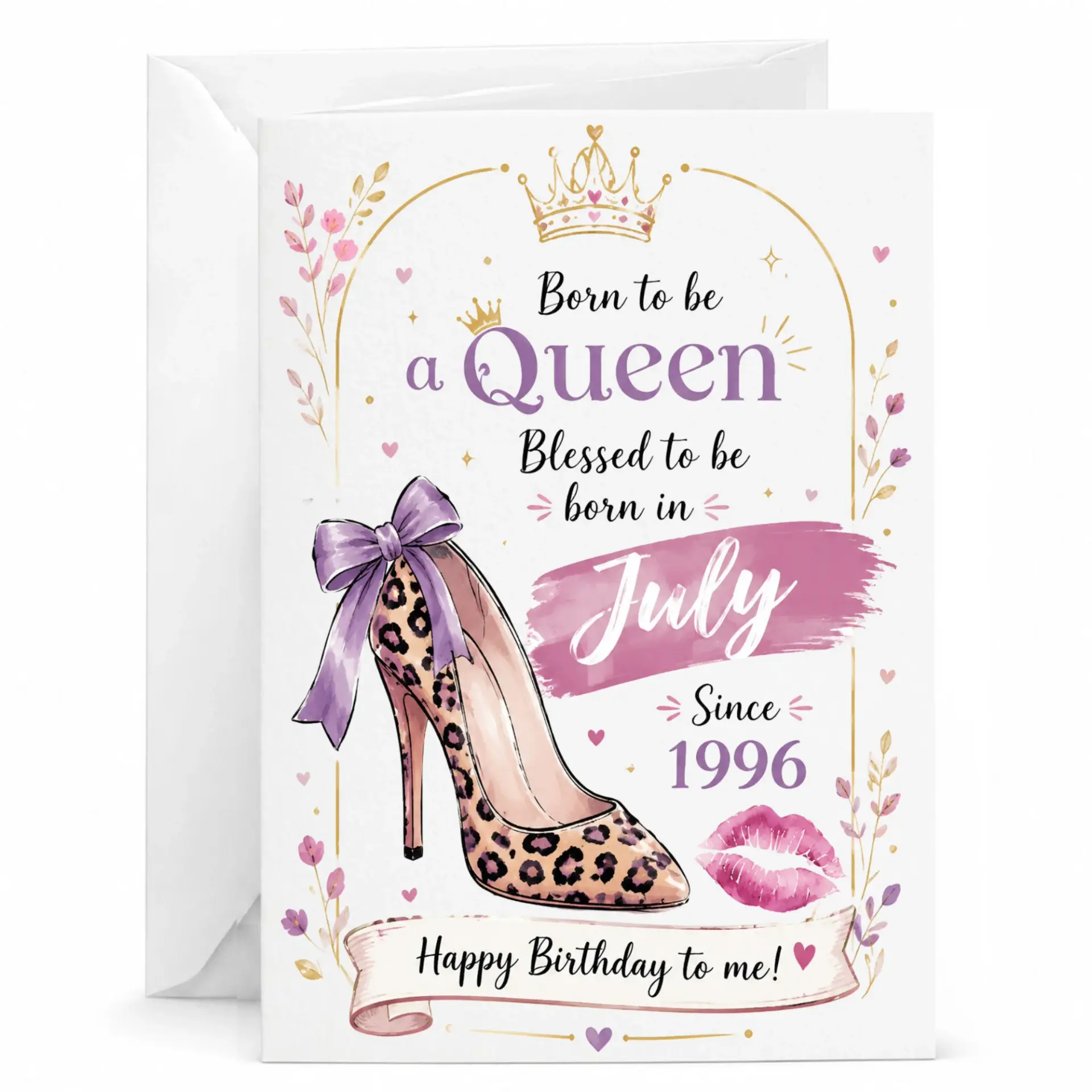 Birthday Card for Women Born in July 1996 Leopard Print High Heel Stiletto Design Greeting Card with Matching Envelope