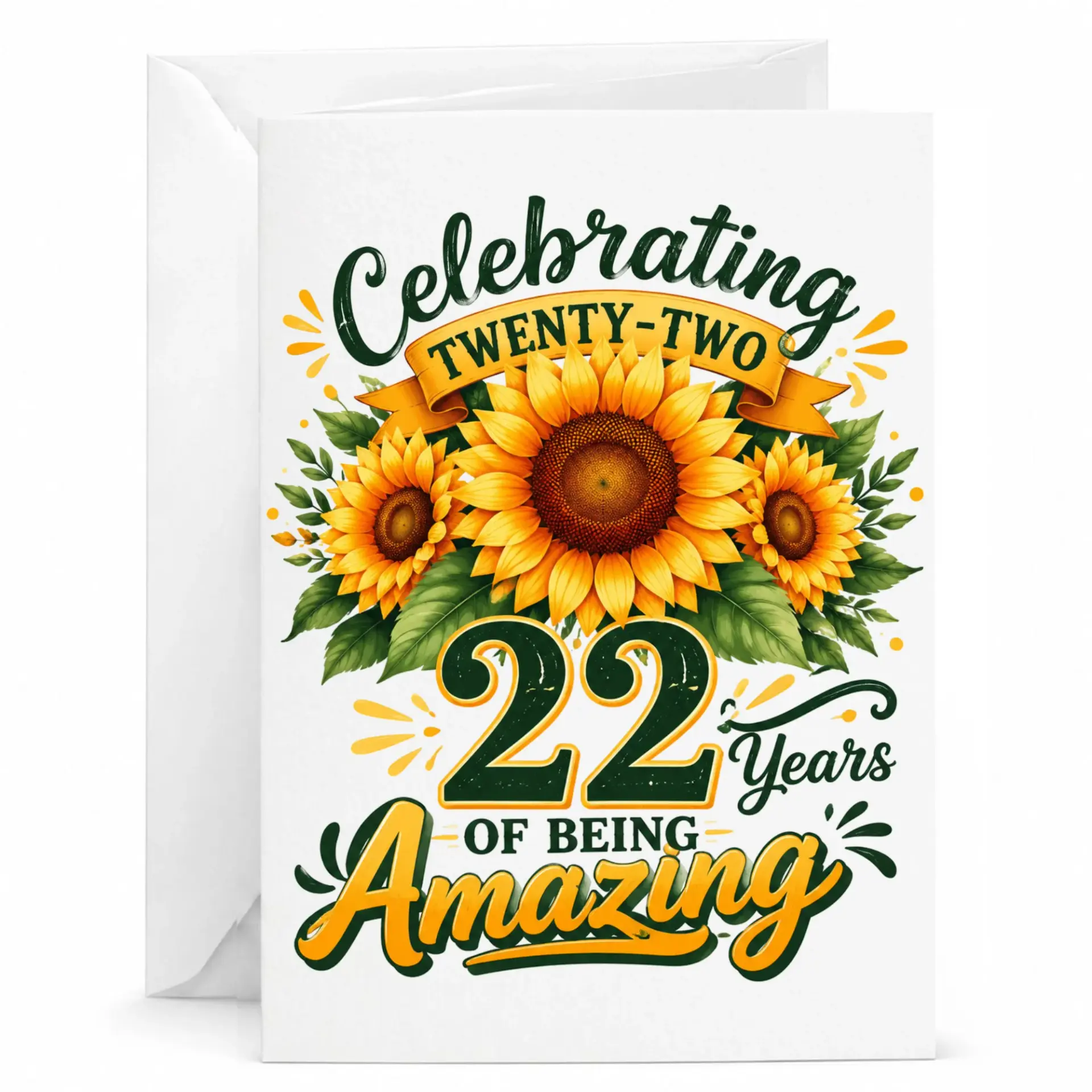 Birthday Card Celebrating Twenty Two Years of Being Amazing with Sunflower Illustration and Elegant Typography
