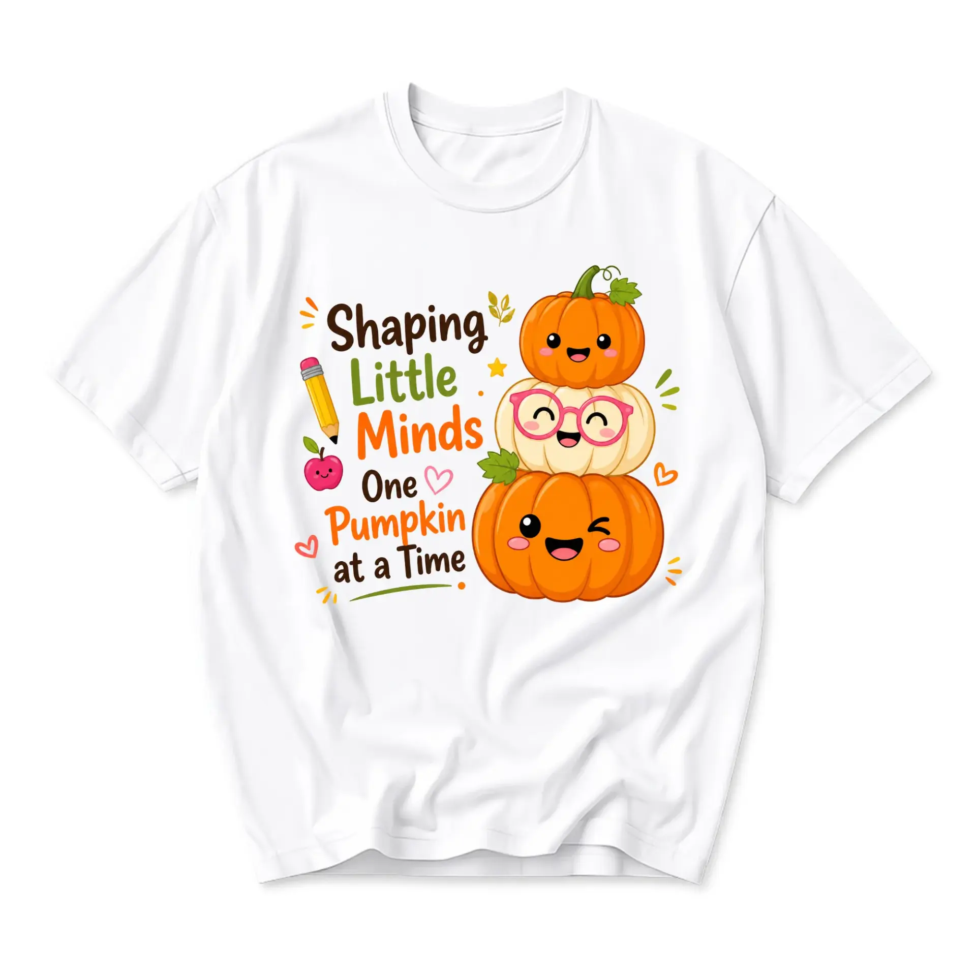 Graphic Tee Shaping Little Minds Pumpkin Fall Season Unisex Crew Neck T-Shirt Soft Breathable Everyday Casual Wear