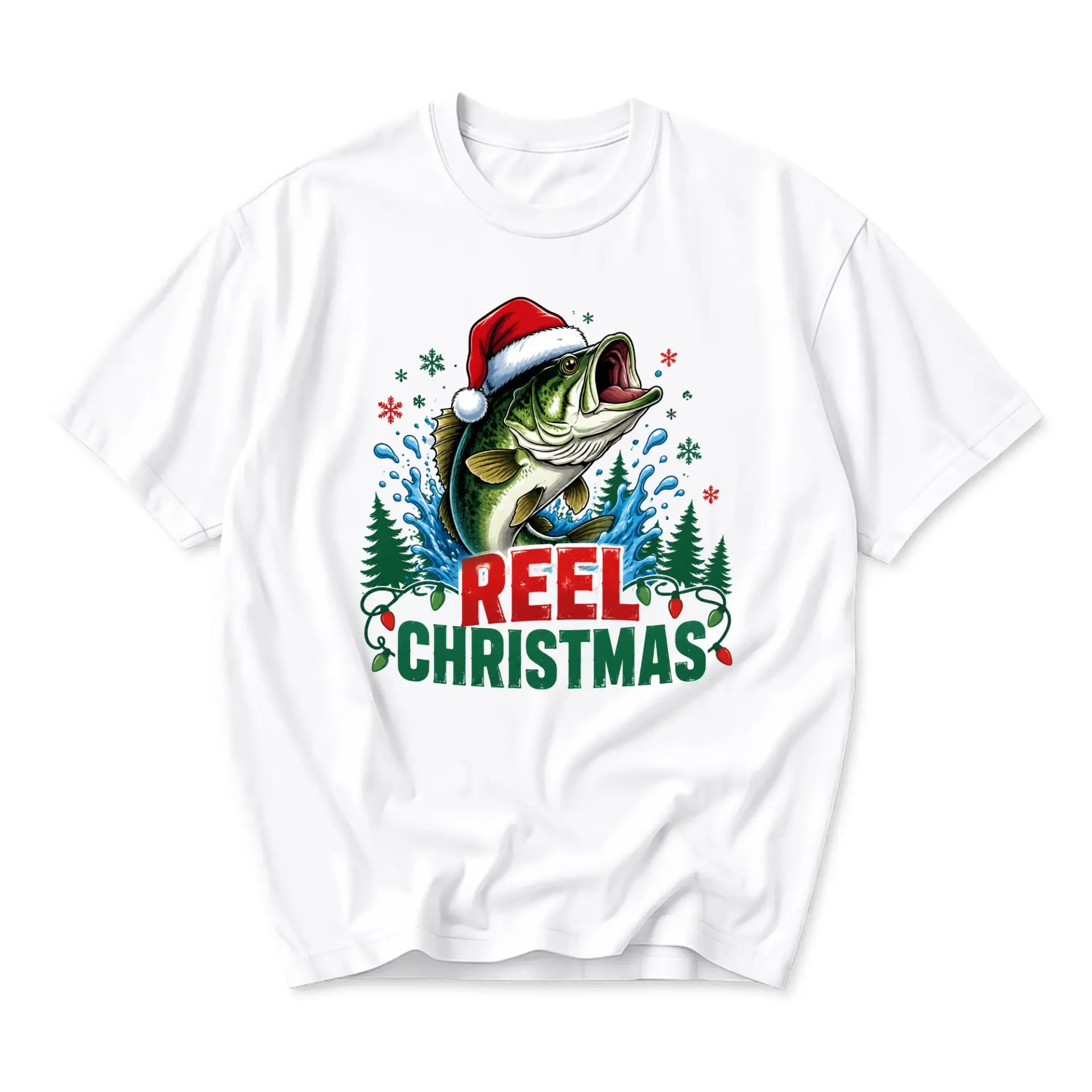 Funny Shirt Reel Christmas Fishing Graphic Tee Holiday Season Crew Neck