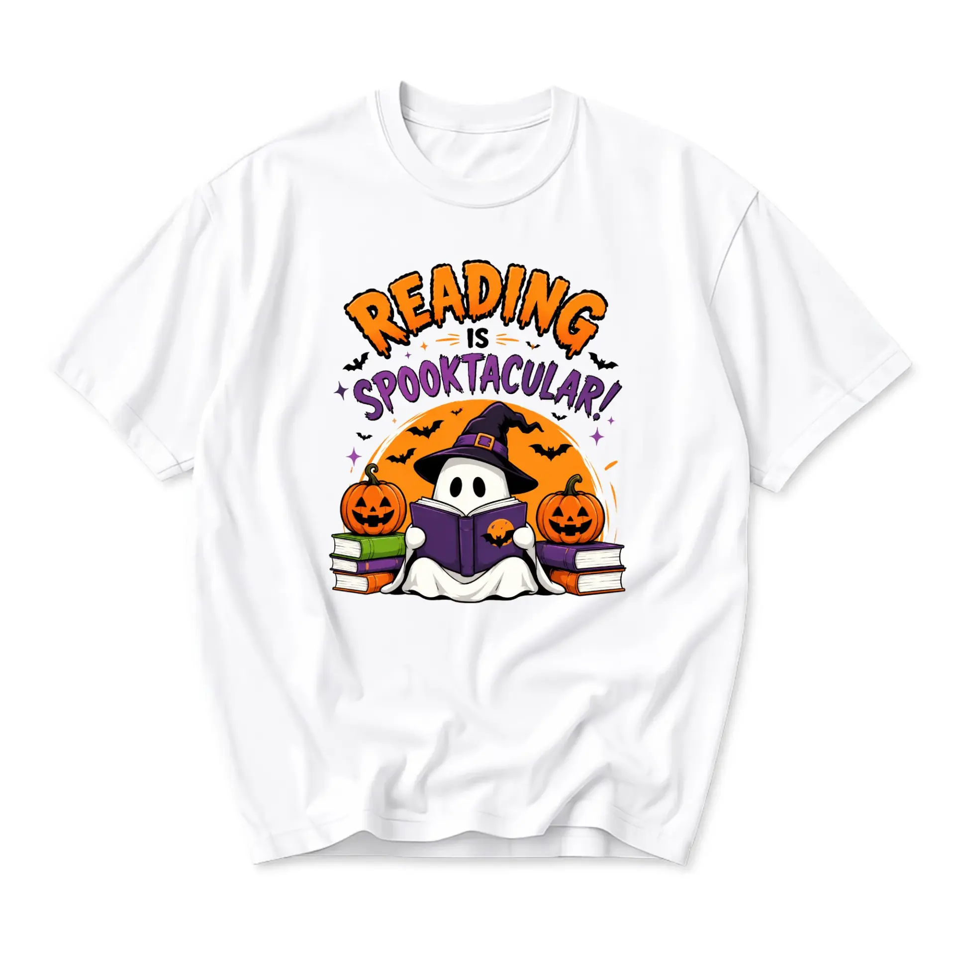 Graphic Tee Reading Is Spooktacular Halloween Ghost Book Lover Unisex Crew Neck Short Sleeve Casual Cotton Shirt