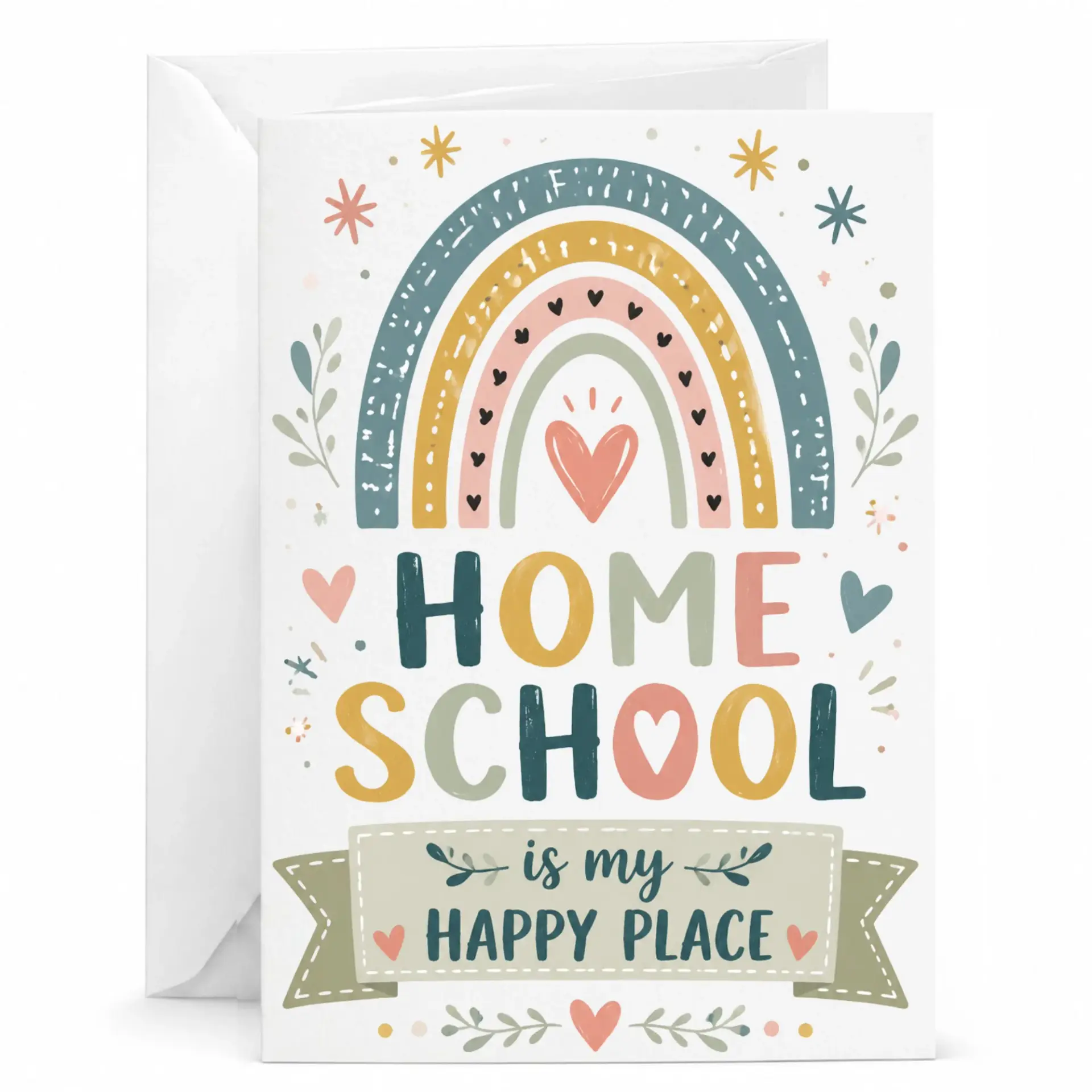 Greeting Card Home School Is My Happy Place Illustrated Rainbow Design with Matching Envelope for Personal Messages