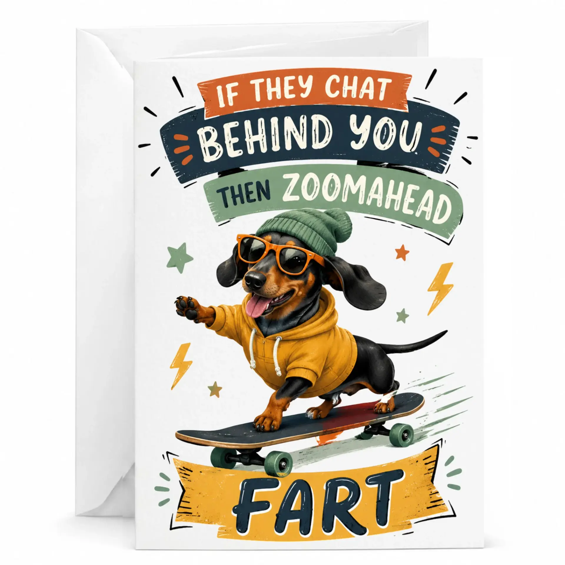 Funny Greeting Card Featuring a Cool Skateboarder Dachshund Dog with Retro Style Typography Design for Friends
