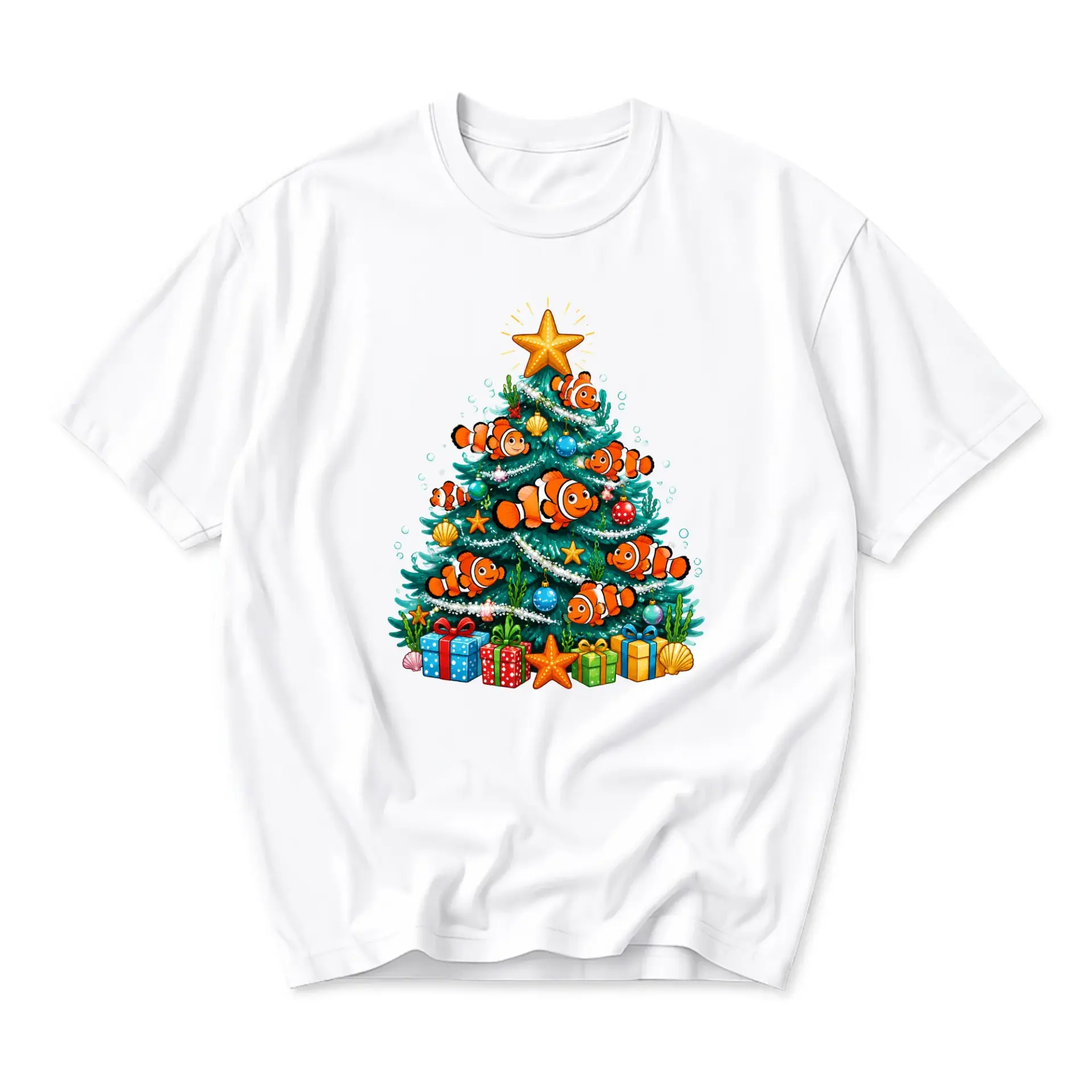 Graphic Tee Christmas Tree with Clownfish Illustration Unisex Crew Neck