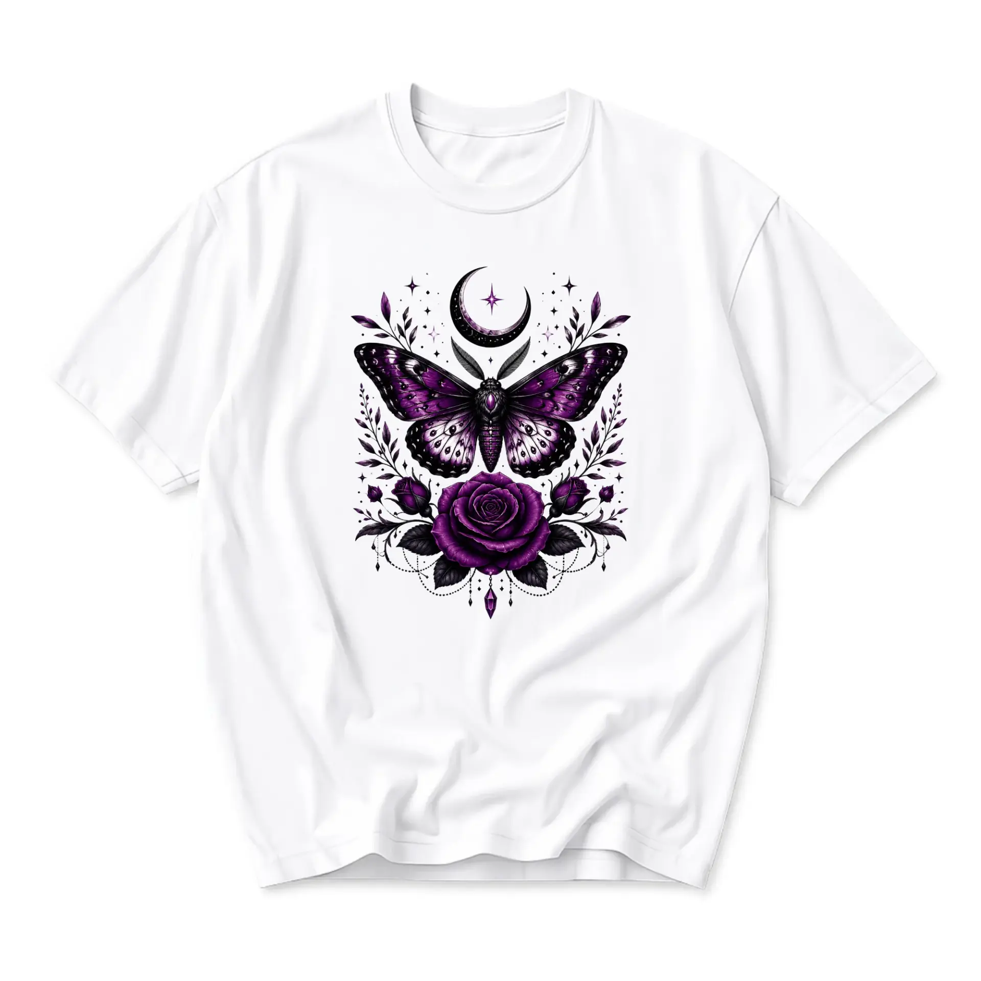 Graphic Tee Celestial Butterfly and Purple Rose Design Unisex Crew Neck Short Sleeve Cotton Casual Everyday Apparel