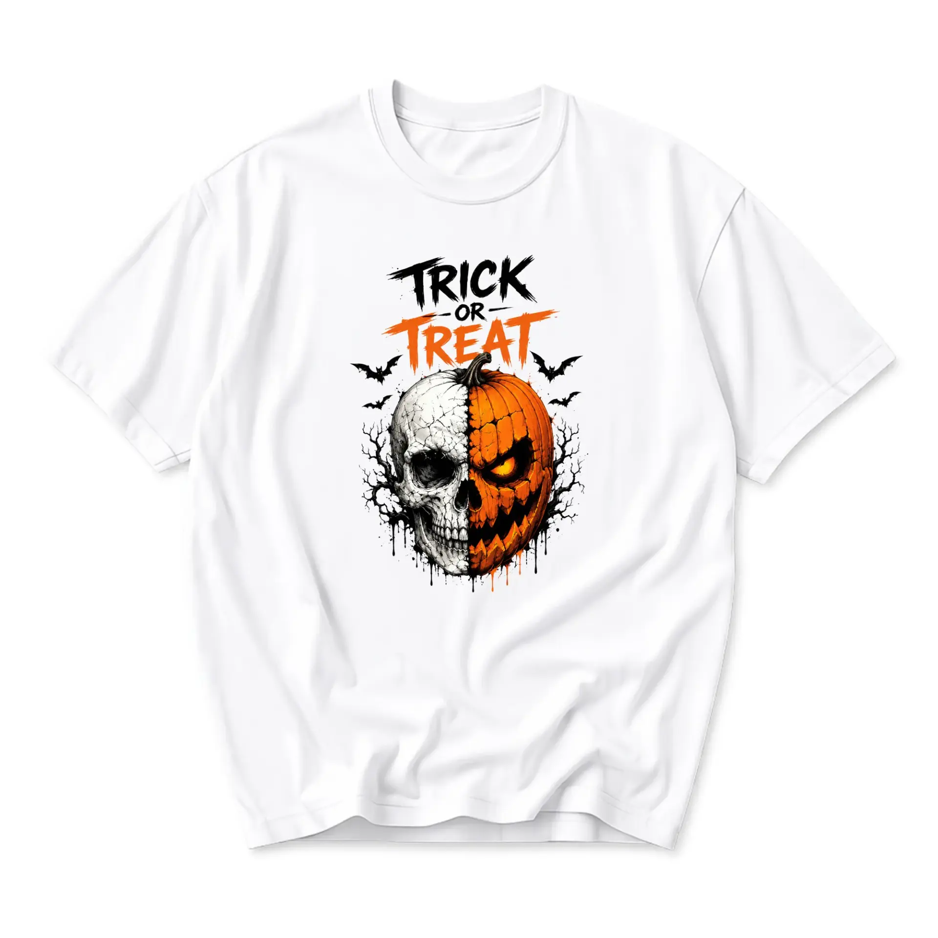 Funny Shirt Trick or Treat Split Skull and Pumpkin Graphic Tee for Fall Holiday Seasonal Casual Everyday Apparel