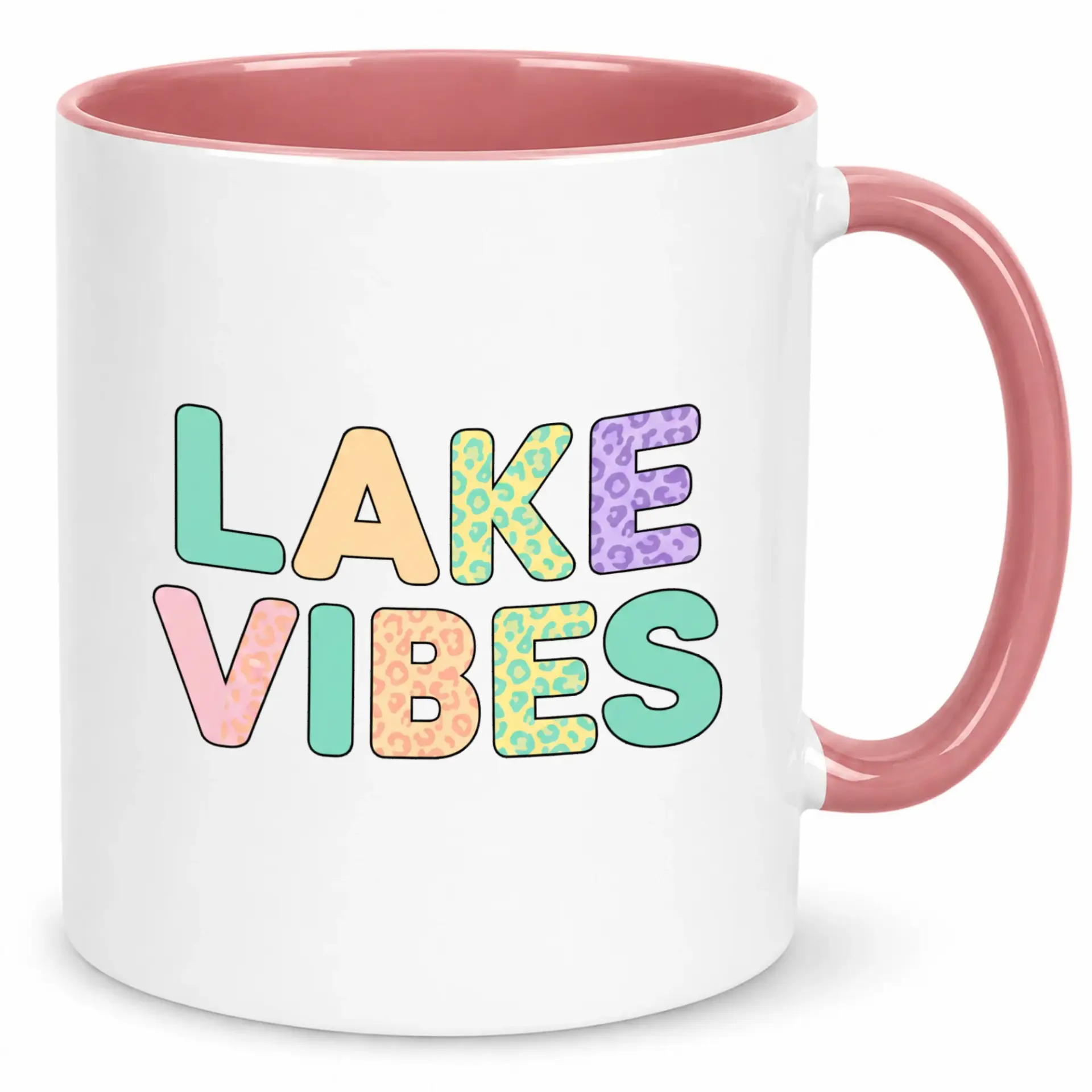 Funny Lake Vibes Coffee Mug, Retro Pastel Leopard Print Ceramic Tea Cup, Summer Vacation Drinkware Gift, Unique Home Kitchen Office Mug