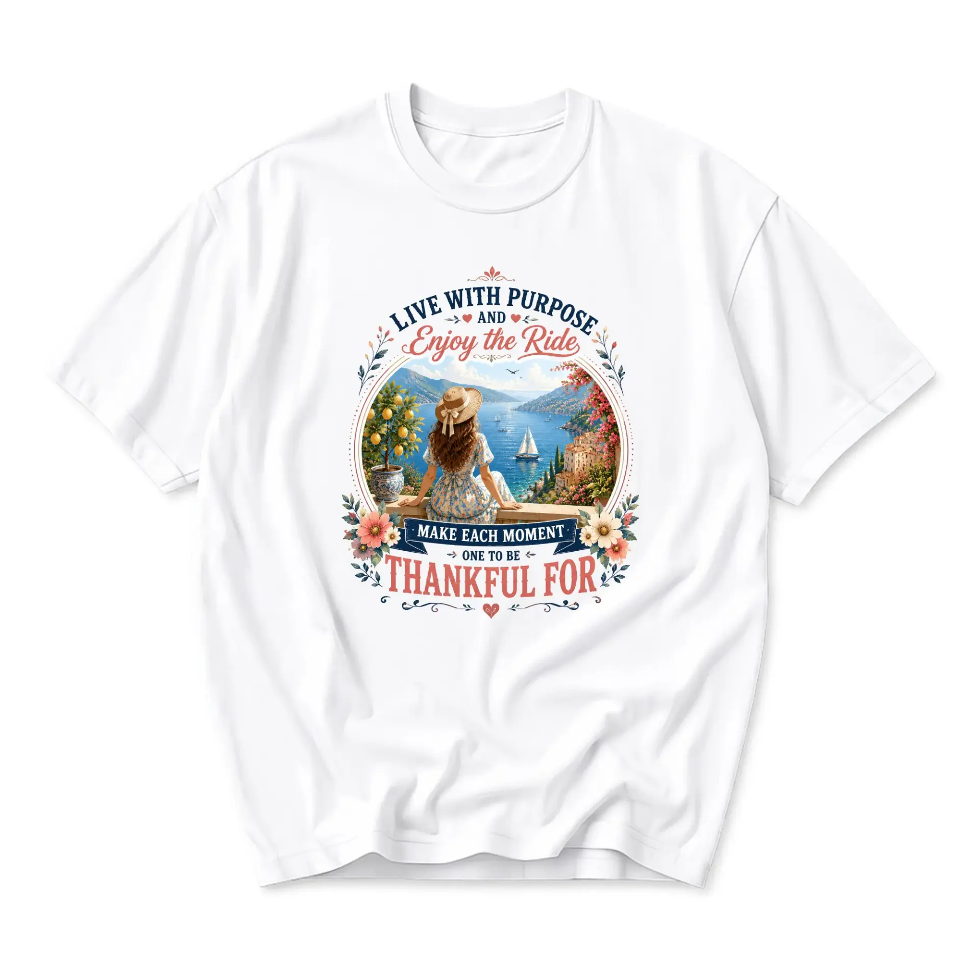 Graphic Tee Live with Purpose Enjoy the Ride Coastal Scenic Art Unisex Crew Neck Casual Cotton Blend Summer Shirt