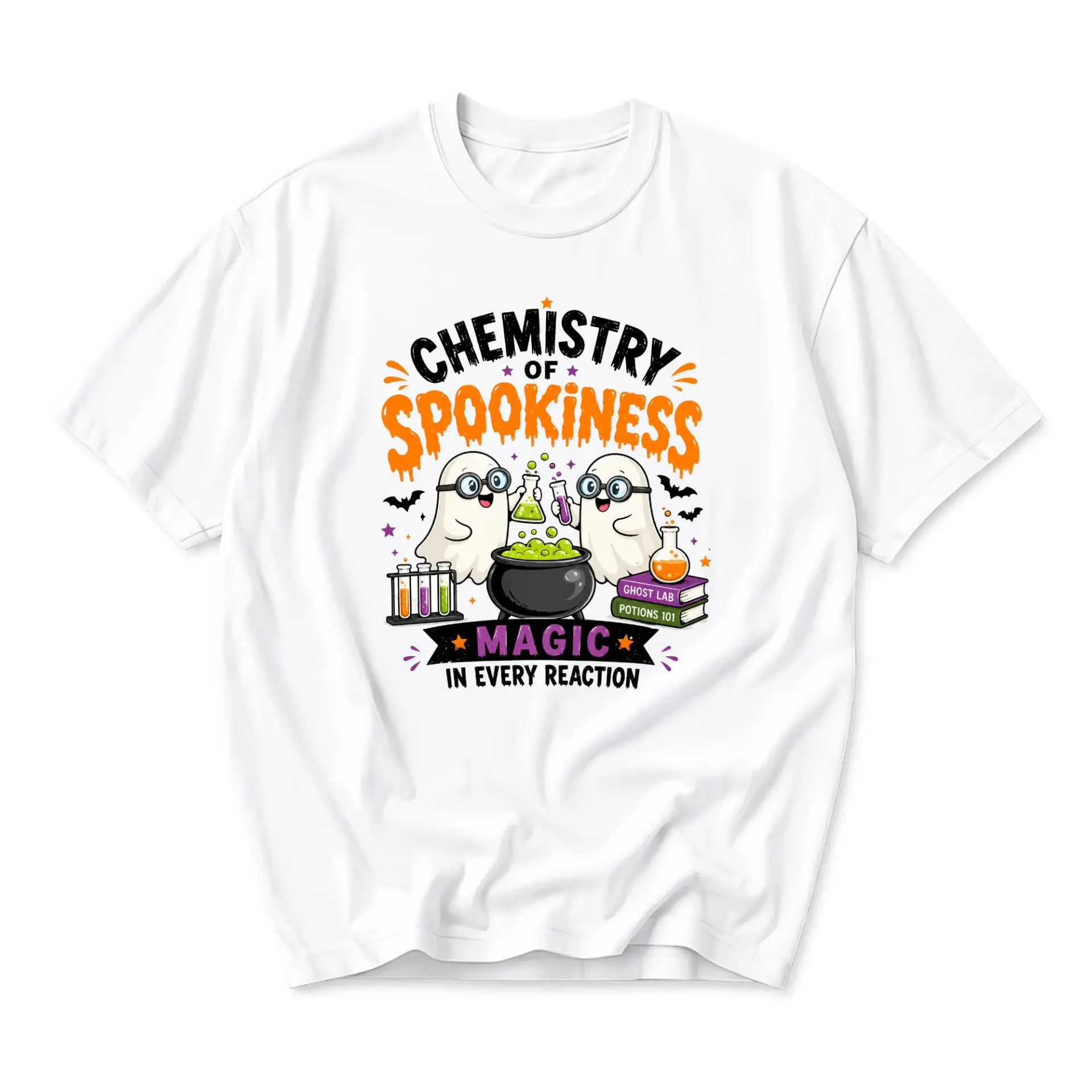 Graphic Tee Chemistry of Spookiness Ghost Science Halloween T-Shirt Unisex Casual Everyday Humor Apparel White Cotton