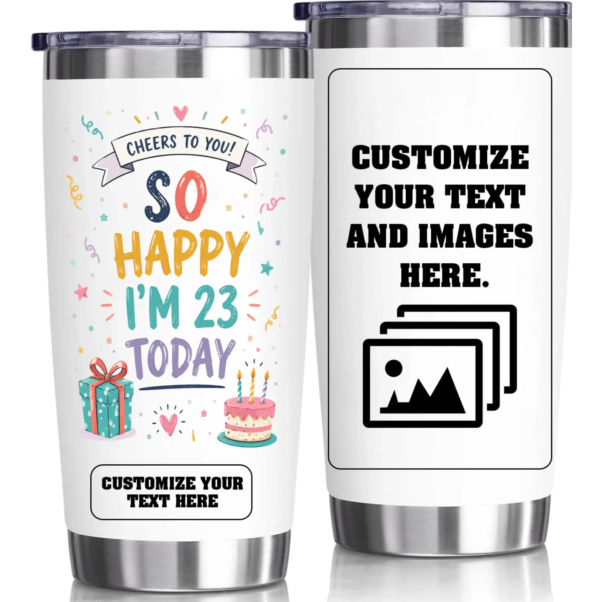 Stainless Steel Tumbler 20oz Insulated Cup for Birthday Celebration with Colorful Festive Party Design and Lid