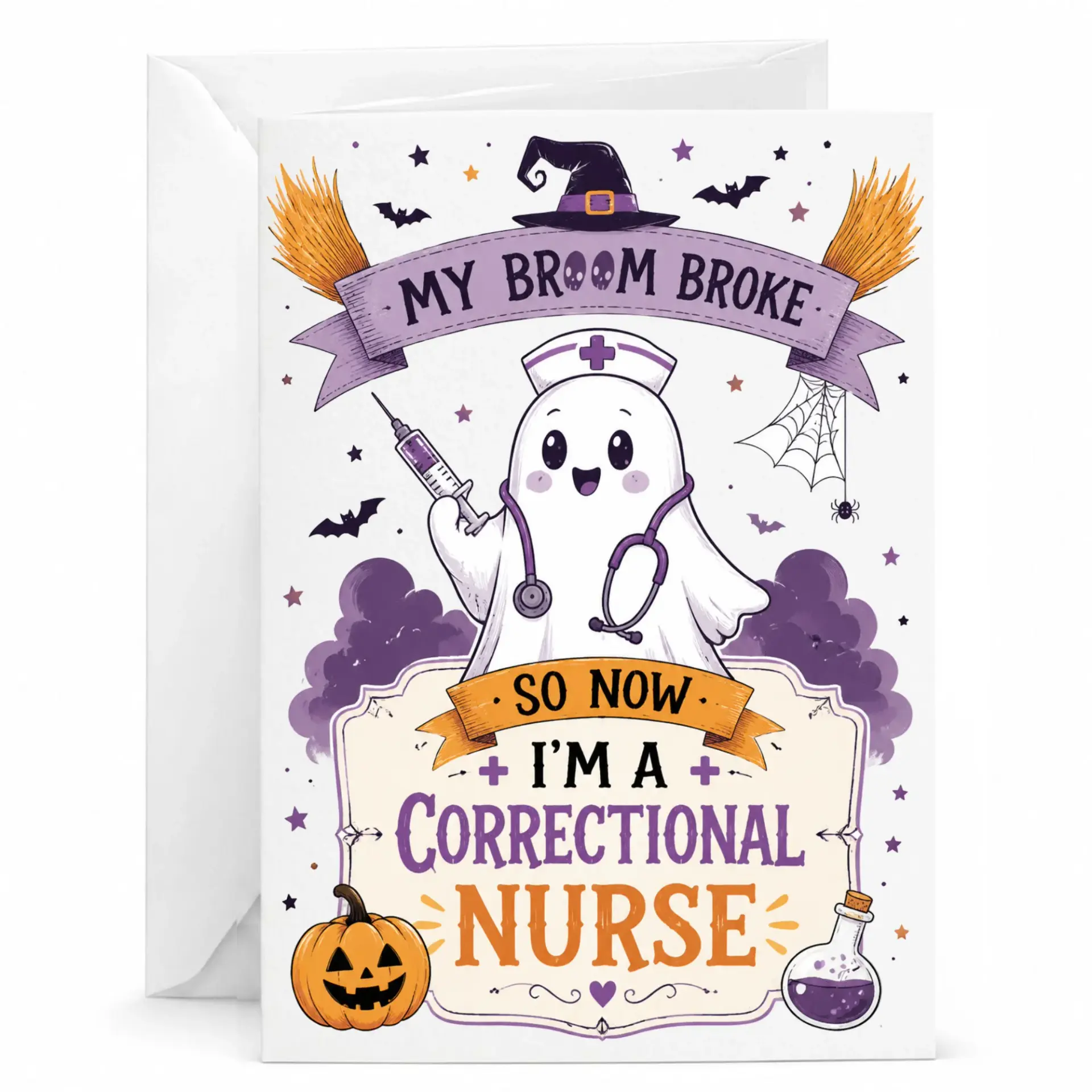 Funny Nursing Greeting Card for Halloween, Cute Ghost Nurse Illustration with Broomstick and Pumpkin Theme