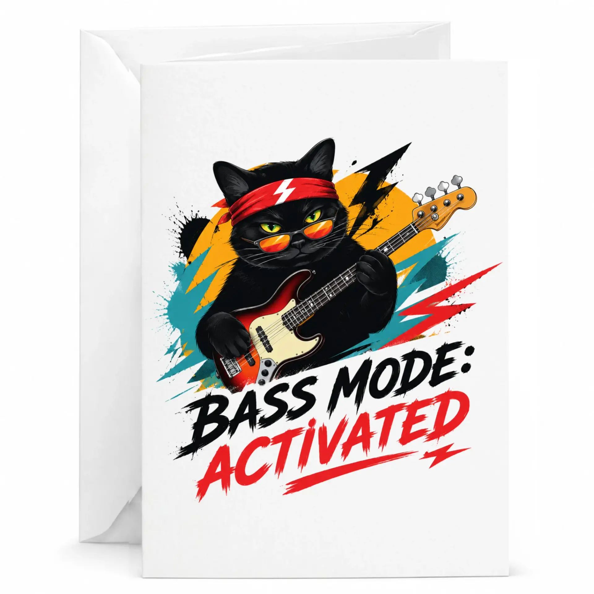 Funny Bass Mode Activated Greeting Card with Envelope, Rock Star Black Cat Illustration for Music Lovers and Bassists