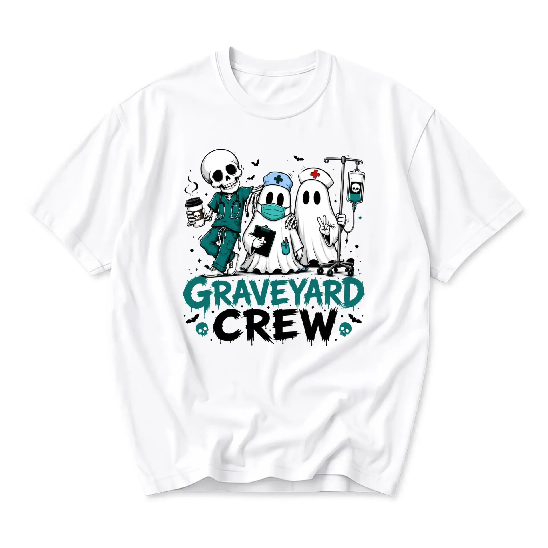 Funny Shirt Graveyard Crew Graphic Tee for Medical Professionals Cute Skeleton and Ghost Illustration Unisex Cotton Top