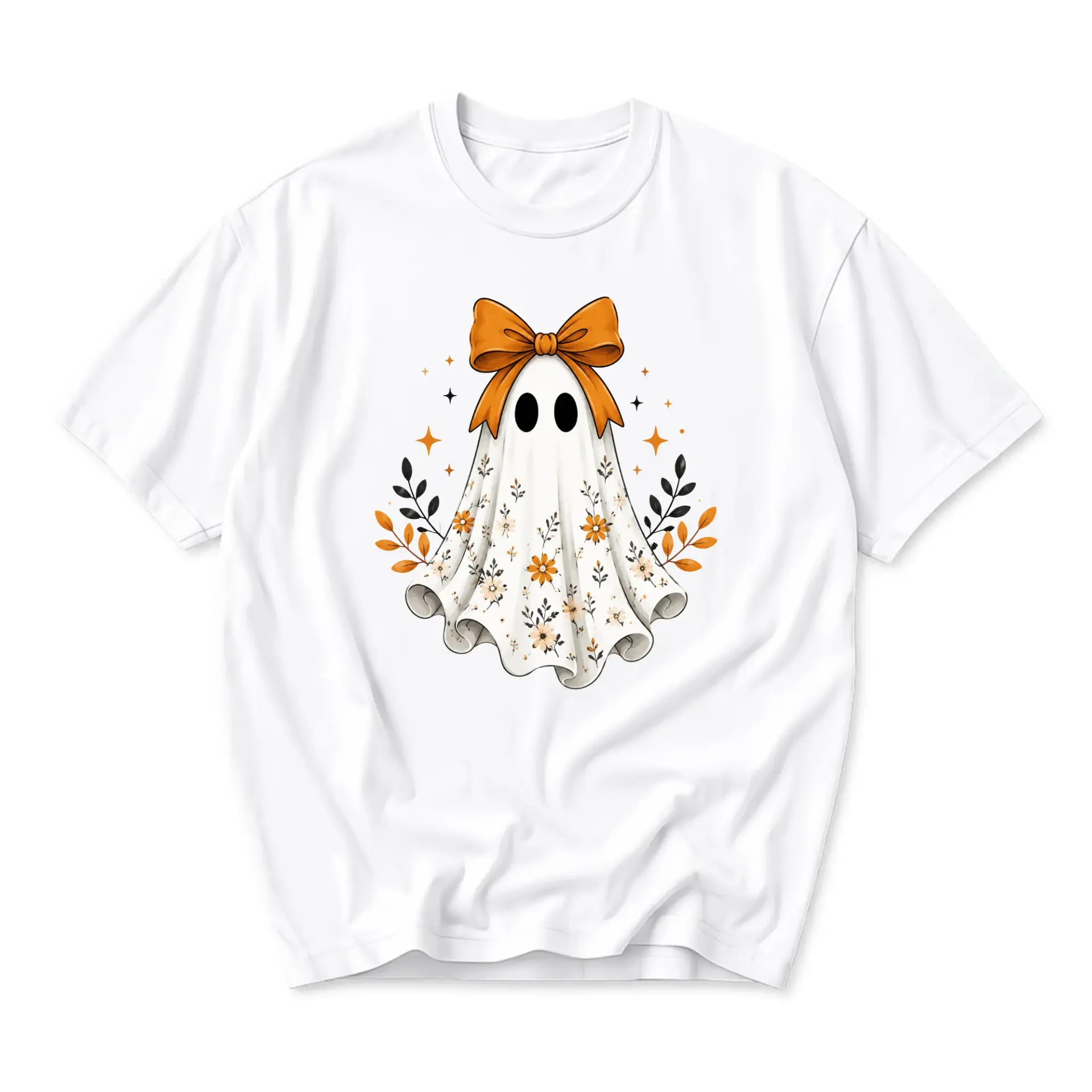 Graphic Tee Unisex Floral Ghost with Orange Bow Autumn Aesthetic Casual Short Sleeve Crew Neck Fashion Apparel Top