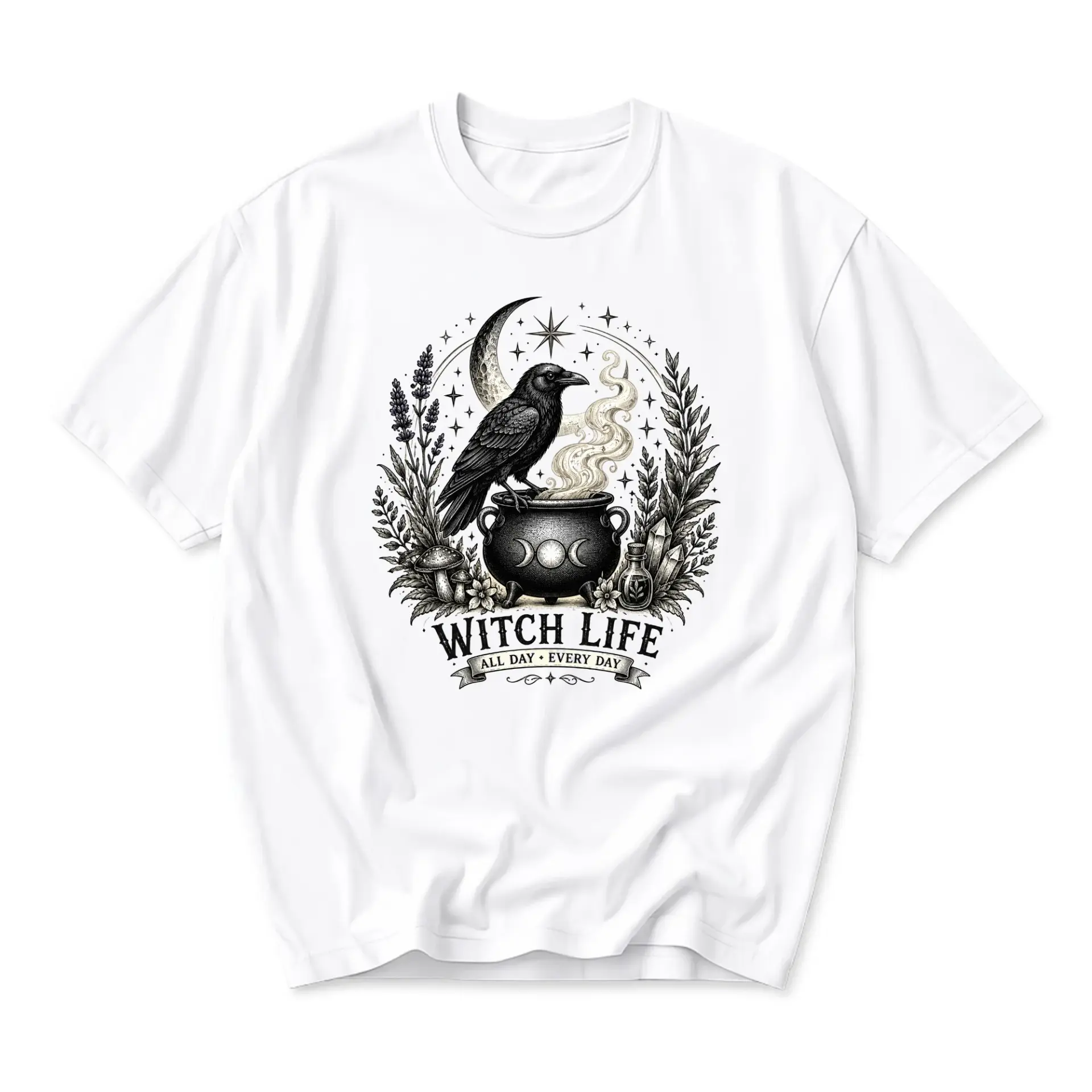 Graphic Tee Witch Life All Day Every Day Celestial Raven Cauldron Printed Unisex Crew Neck Casual Short Sleeve Shirt