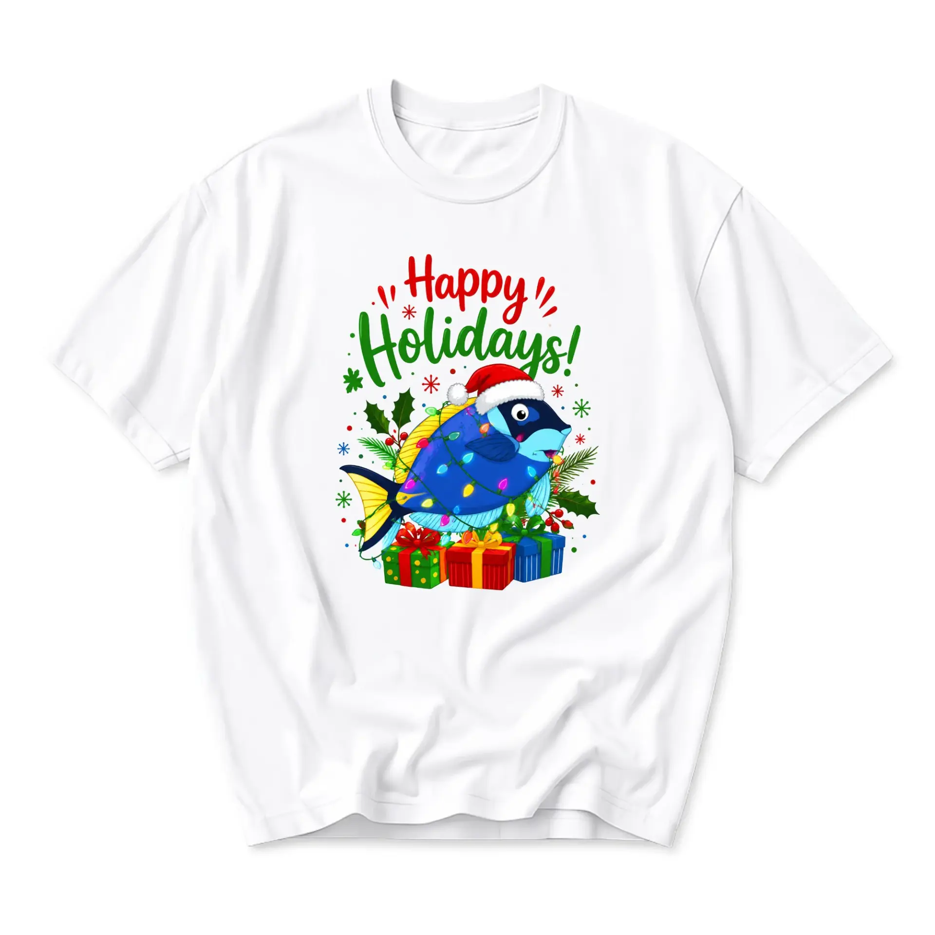 Funny Shirt Happy Holidays Tropical Fish Graphic Tee Unisex Crew Neck Short Sleeve Casual Cotton Blend Top for Festive