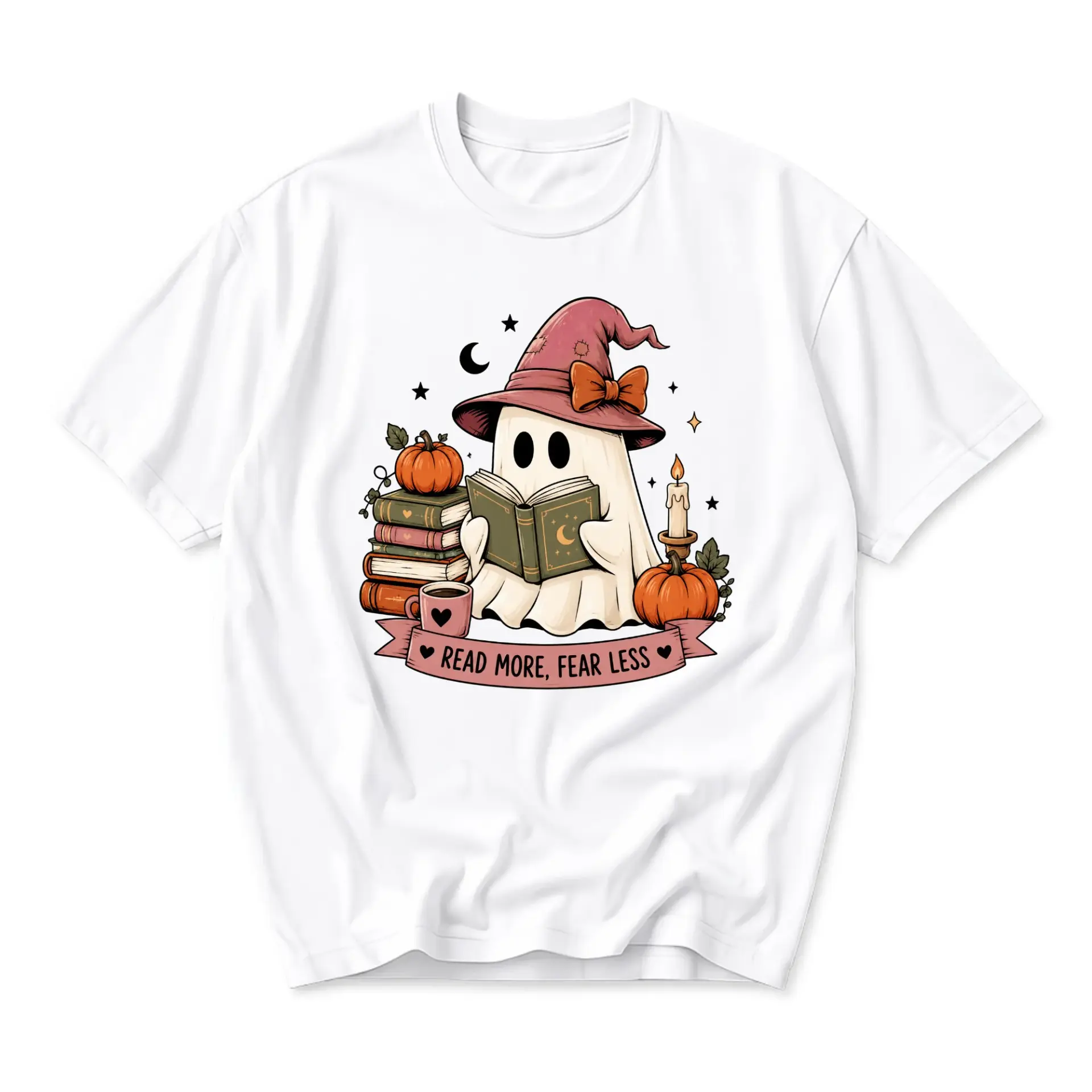 Graphic Tee Read More Fear Less Ghost Bookworm Shirt Unisex Crew Neck Short Sleeve Casual Cotton Blend Apparel