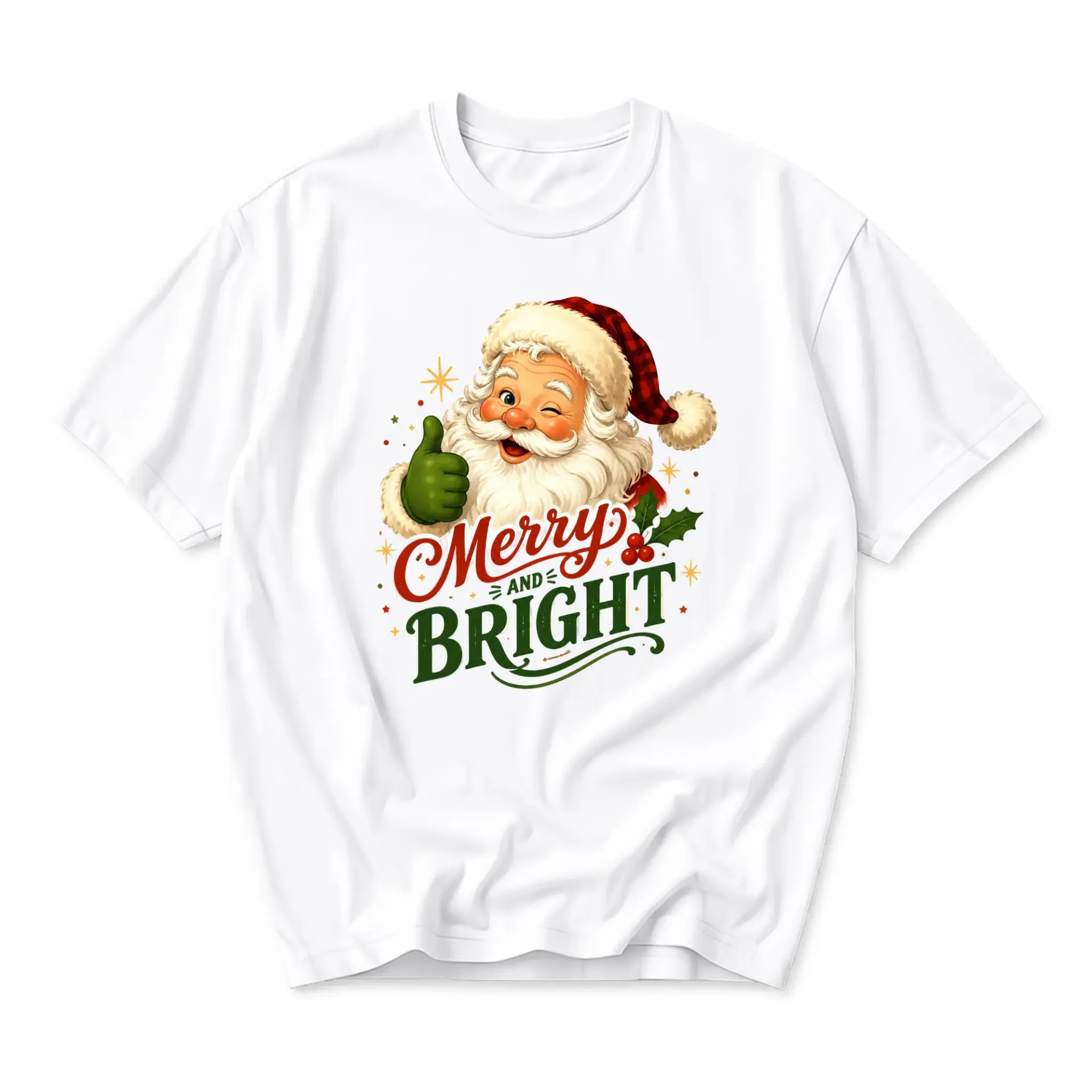 Graphic Tee Merry and Bright Santa Claus Christmas Holiday Unisex Crew Neck T-Shirt for Casual Seasonal Fashion Wear