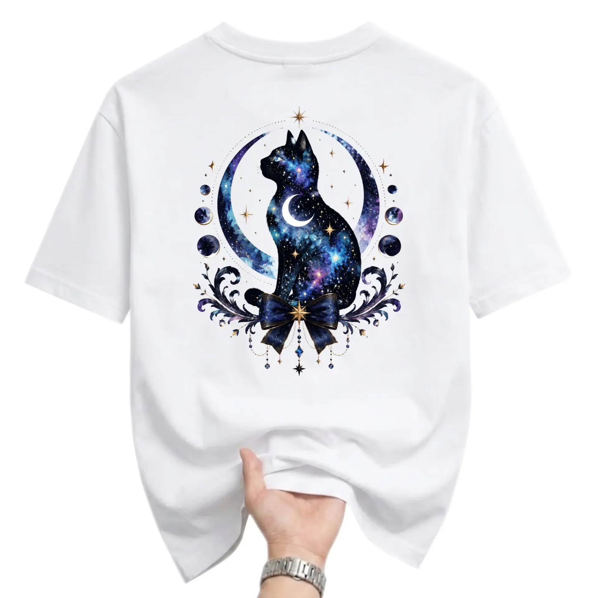 Graphic Tee Celestial Cat Space Moon Design Unisex Crew Neck Short Sleeve Soft Casual Cotton Blend Graphic Print Shirt