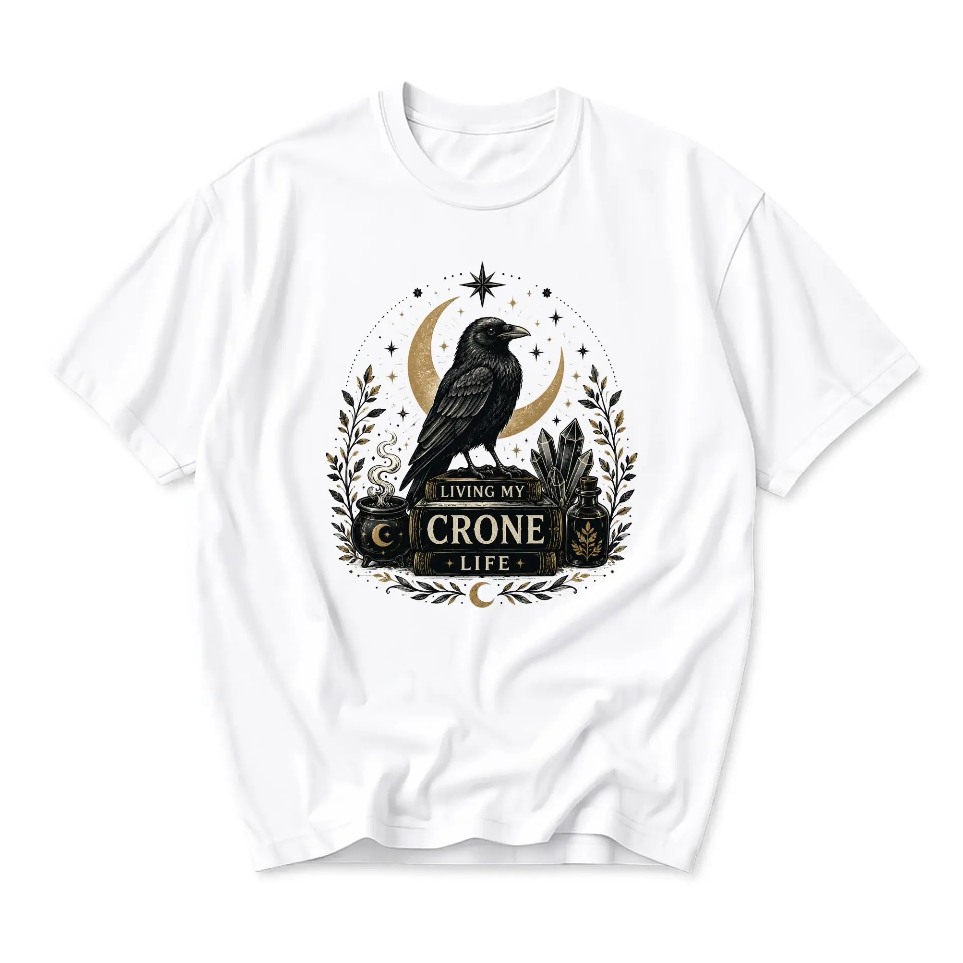 Graphic Tee Living My Crone Life Unisex Crew Neck T-Shirt Occult Celestial Raven Illustration Casual Cotton Shirt