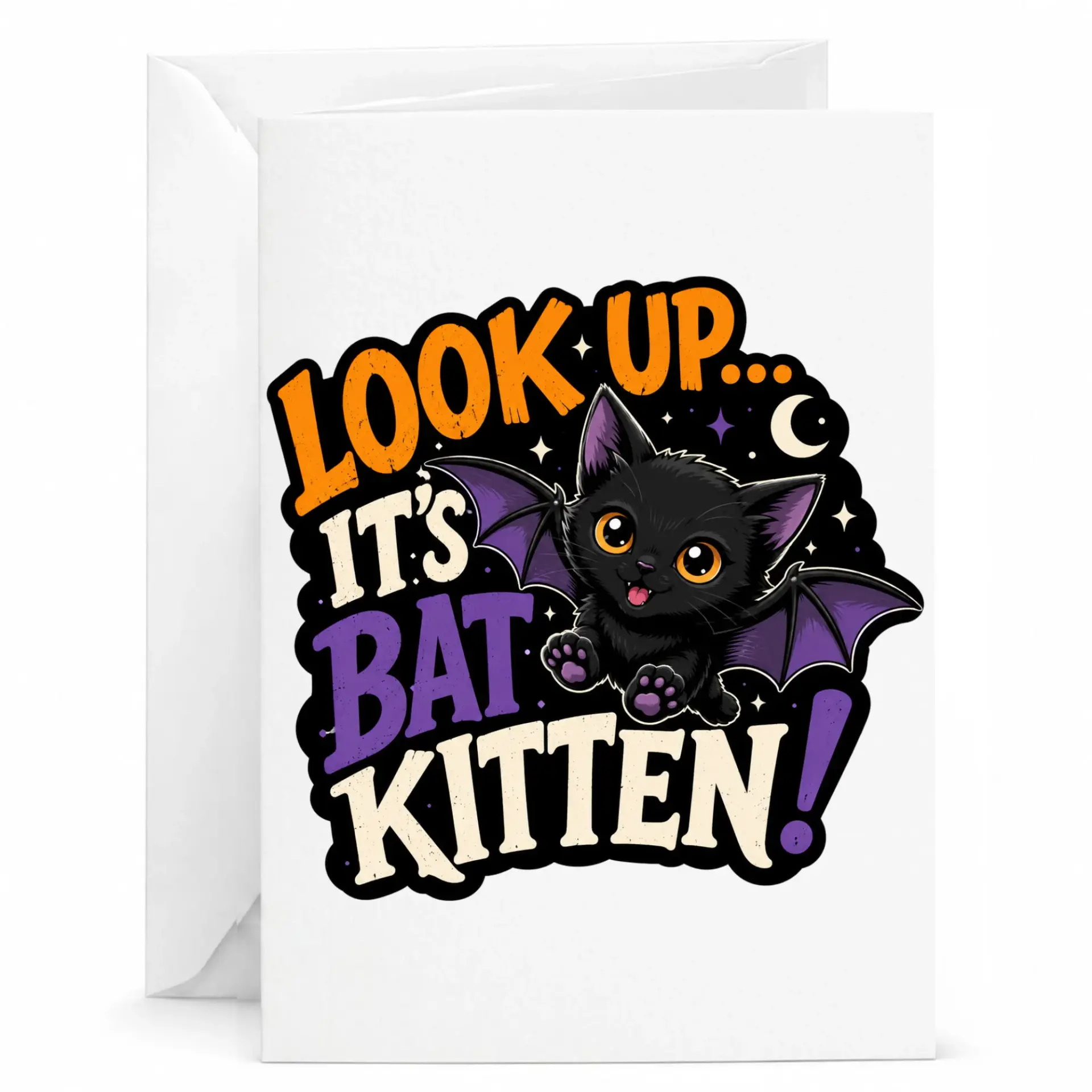 Funny Bat Kitten Greeting Card Cute Black Cat with Illustrated Pun Stationery for Birthdays and Holidays