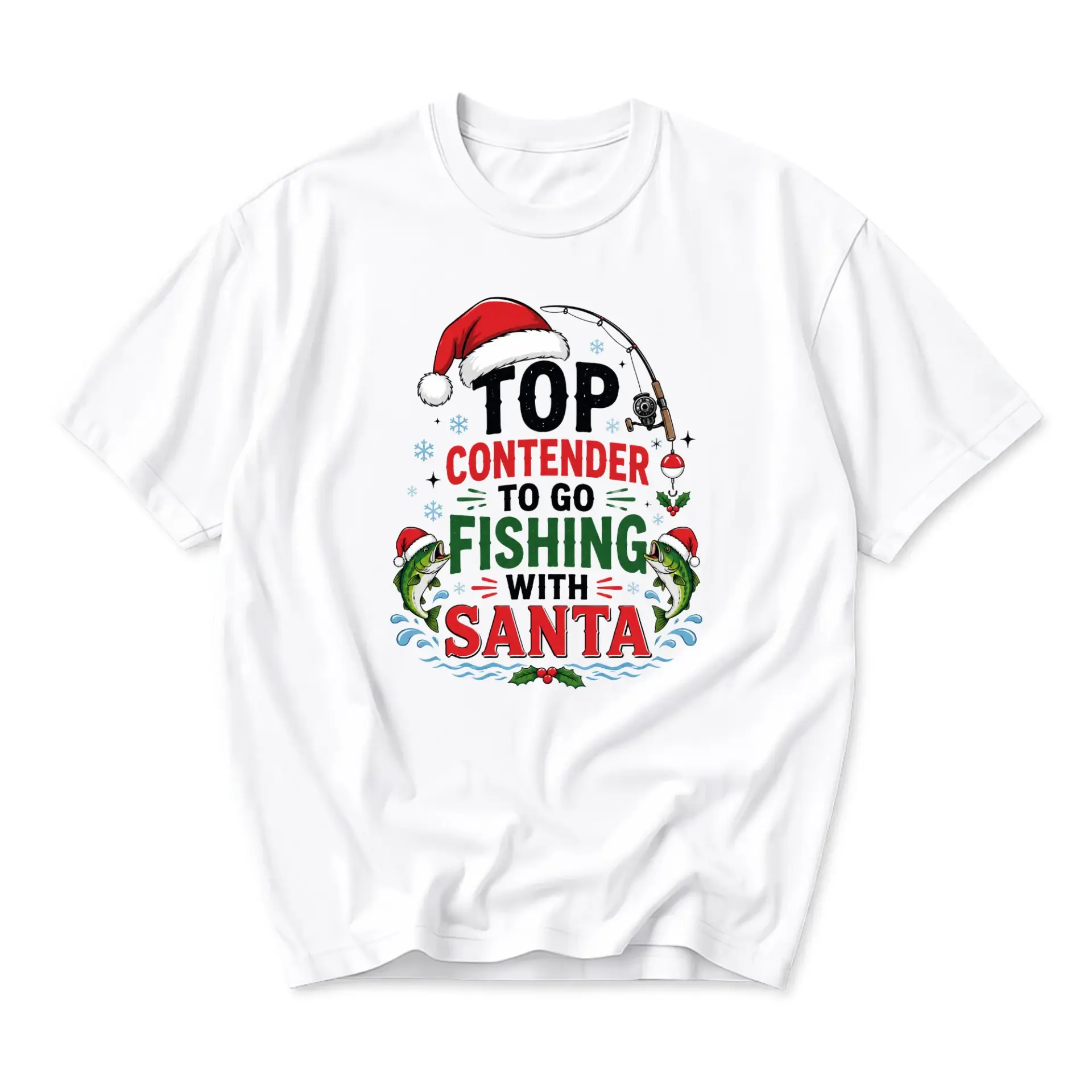 Graphic Tee Top to Go Fishing with Santa Holiday Unisex Casual Crew Neck Comfortable Cotton Blend Shirt