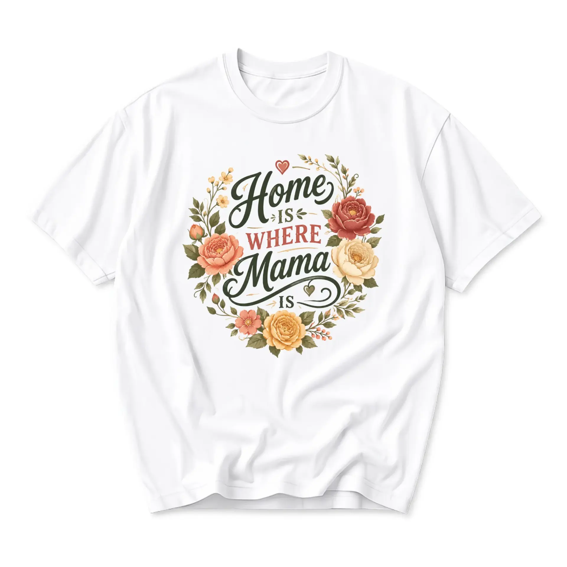 Graphic Tee Home Is Where Mama Is Floral Wreath Print Unisex Short Sleeve Casual Everyday Crew Neck Cotton Shirt