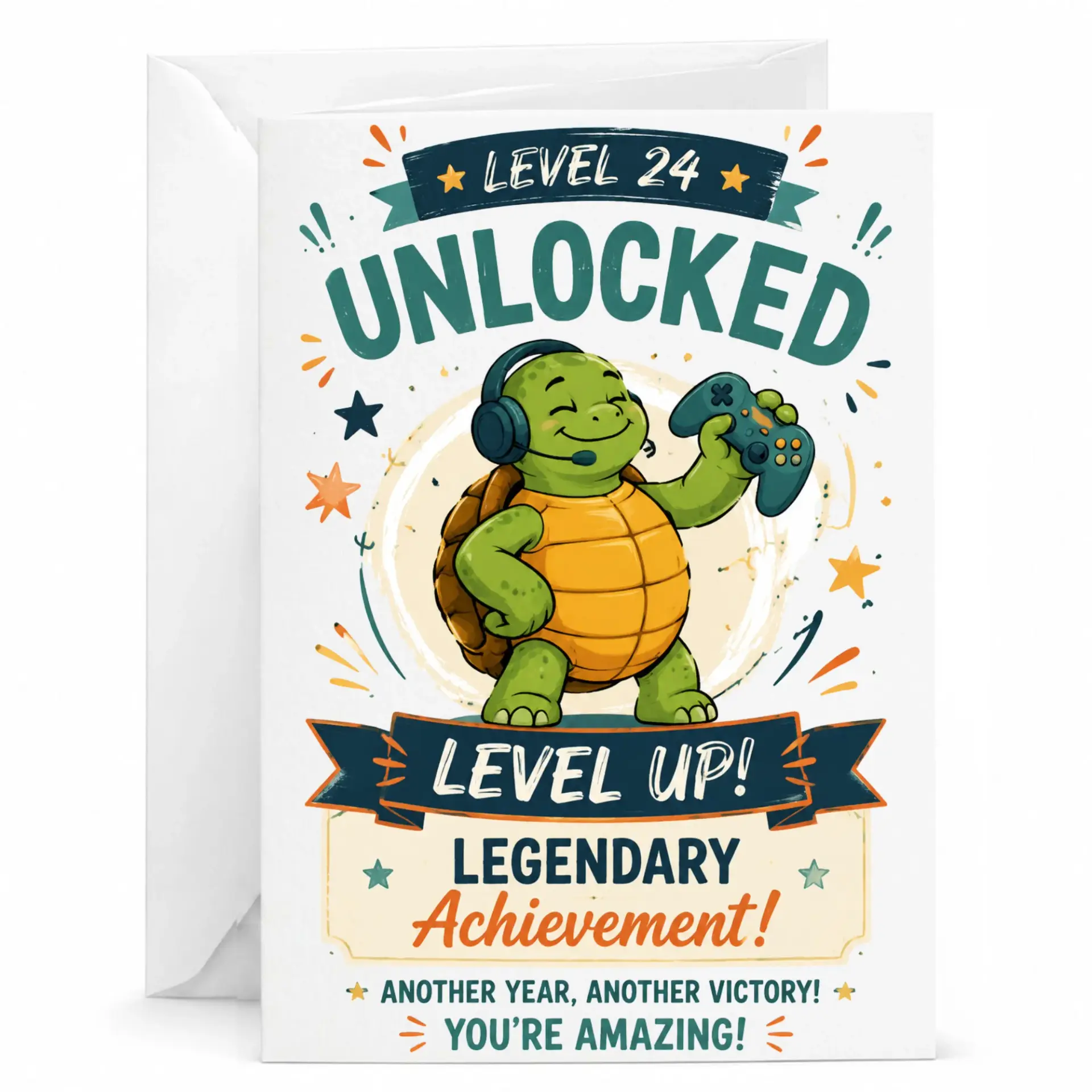 Funny Greeting Card Level 24 Unlocked Gaming Turtle Design for Birthday Anniversary Milestone Celebration 5x7 Inch Card