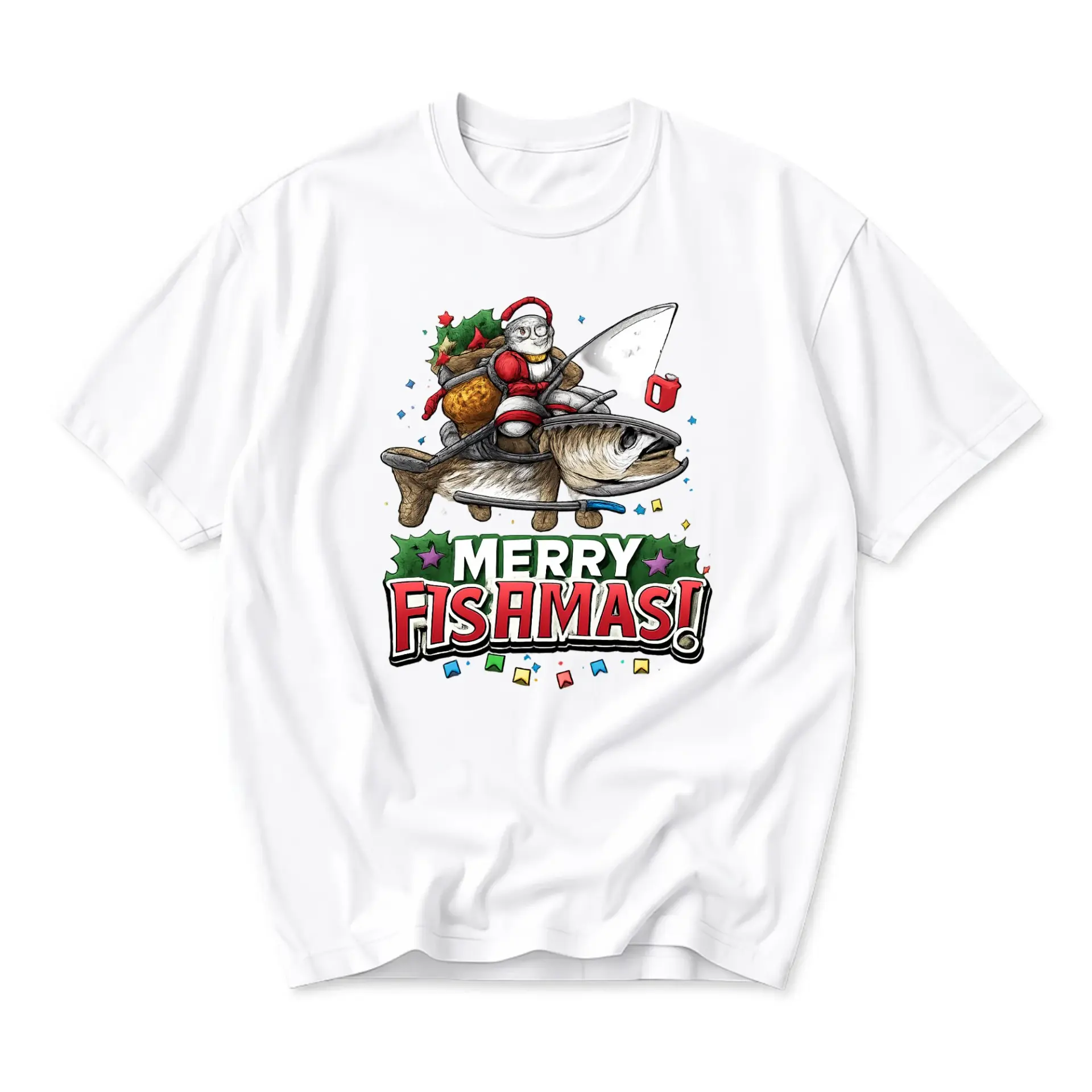 Funny Shirt Merry Fishamas Graphic Tee Holiday Fisherman Gift Unisex Casual Crew Neck Soft Cotton Blend T-Shirt