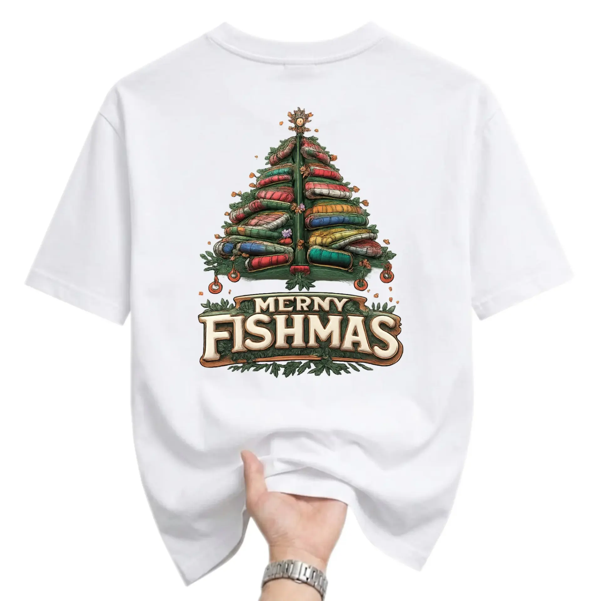 Funny Shirt Merry Fishmas Christmas Tree Graphic Tee Unisex Crew Neck