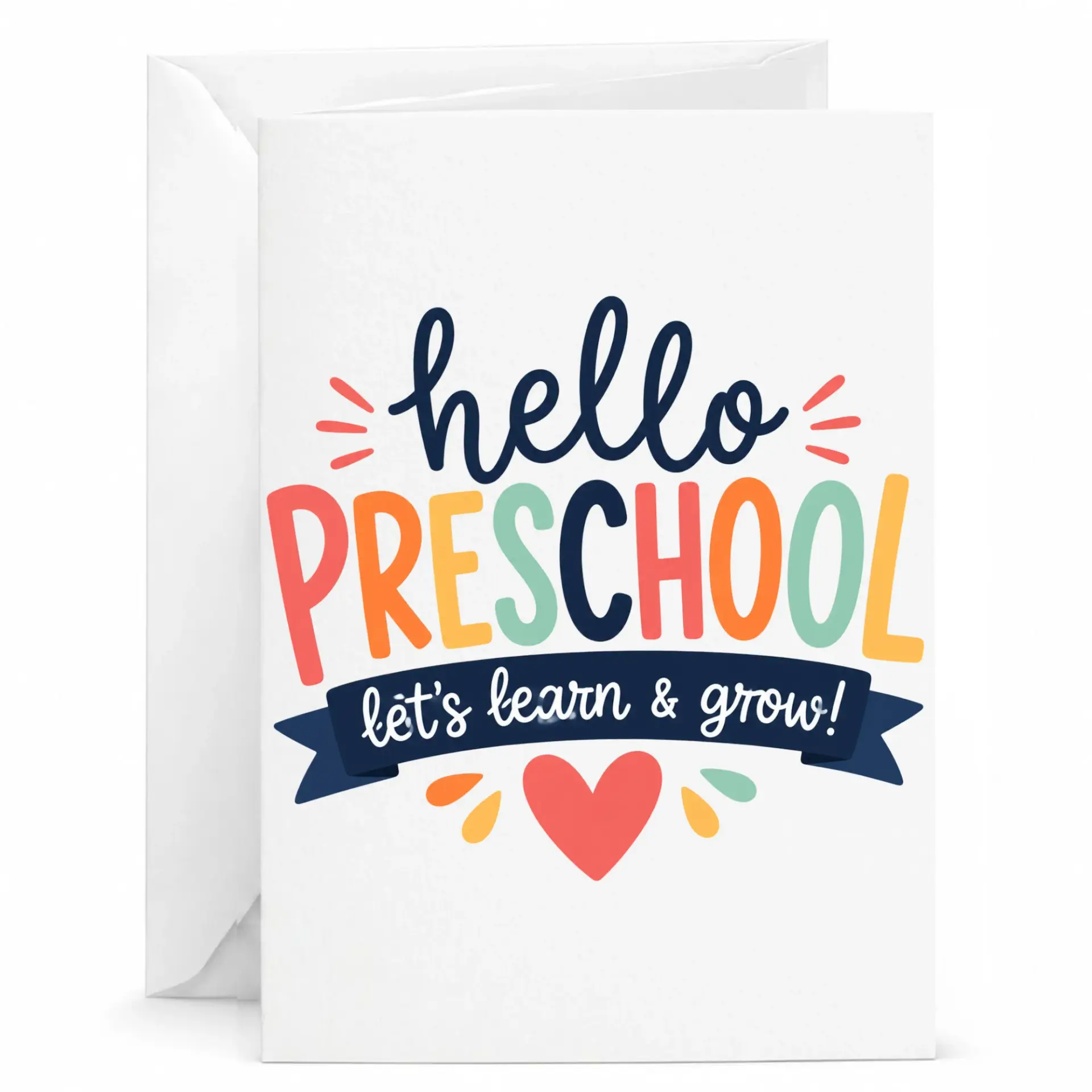 Greeting Card Hello Preschool Let's Learn and Colorful Typographic Design for Education Classroom