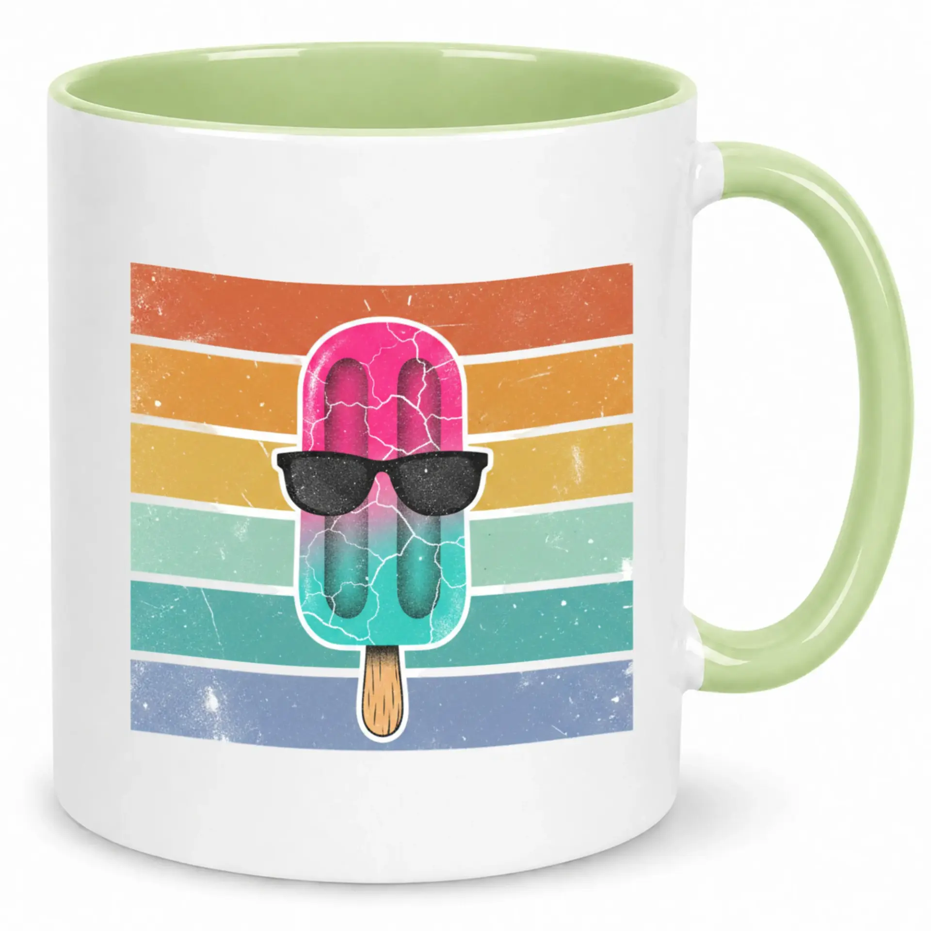 Funny Ceramic Coffee Mug with Cool Popsicle Wearing Sunglasses Design and Retro Striped Background for Summer Drinkware