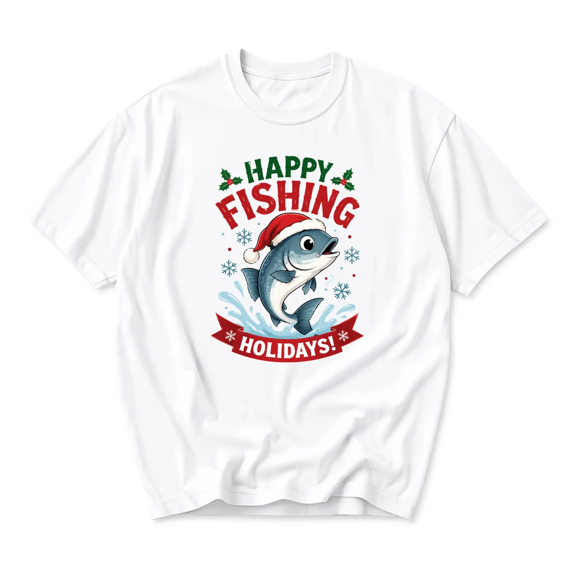 Funny Shirt Happy Fishing Holidays Graphic Tee Featuring a Festive Jumping