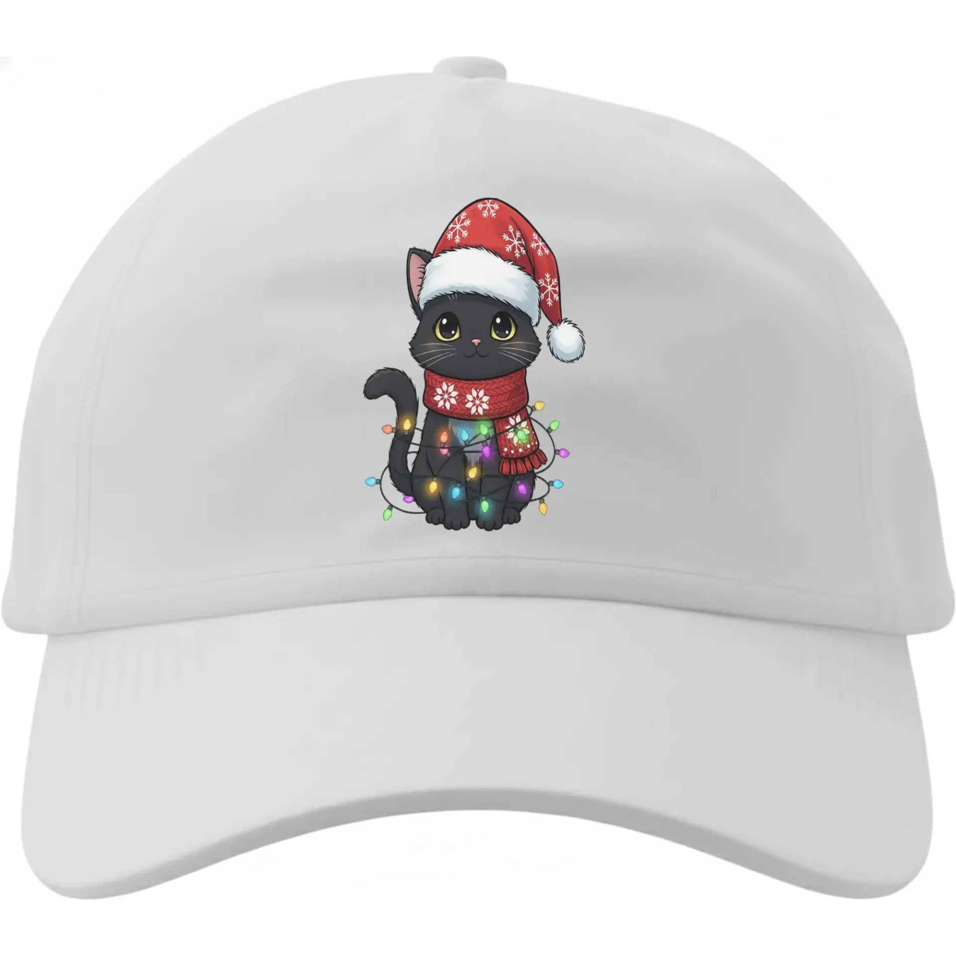 Baseball Cap Featuring a Cute Black Cat Wearing a Santa Hat and Scarf Wrapped in Colorful Holiday Christmas Lights