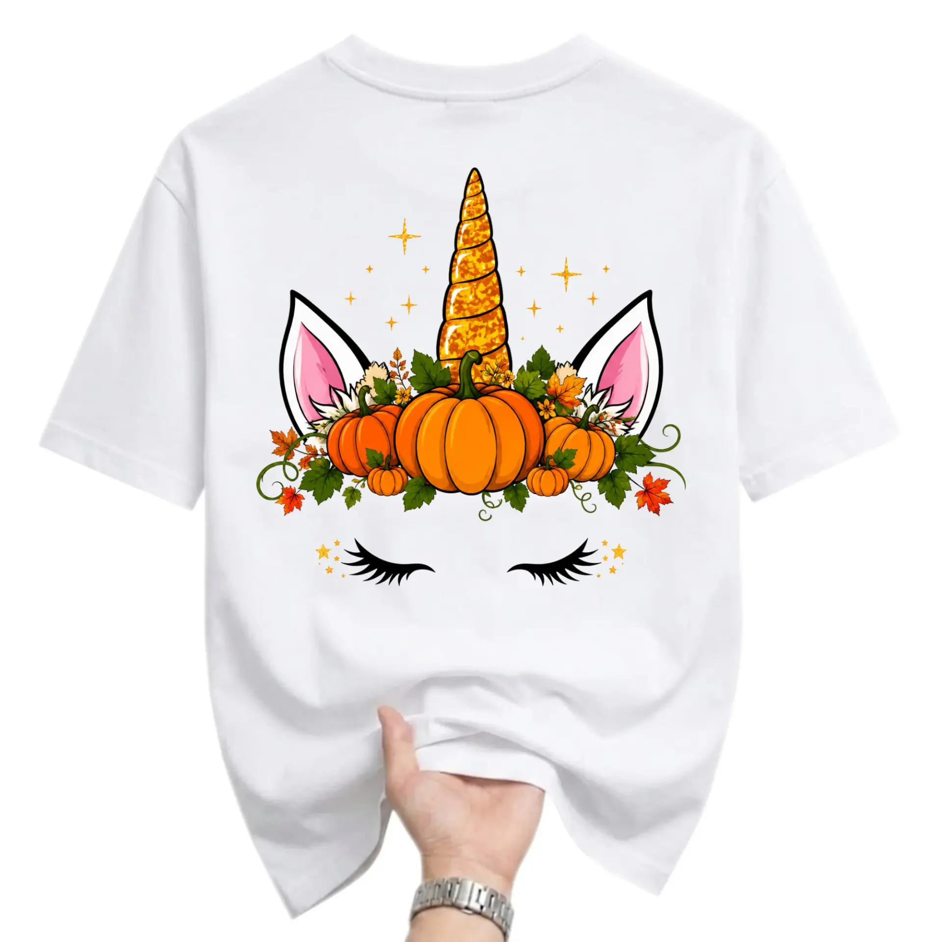 Graphic Tee Pumpkin Unicorn Face Fall Aesthetic Unisex Crew Neck Short Sleeve Casual Cotton Blend Shirt
