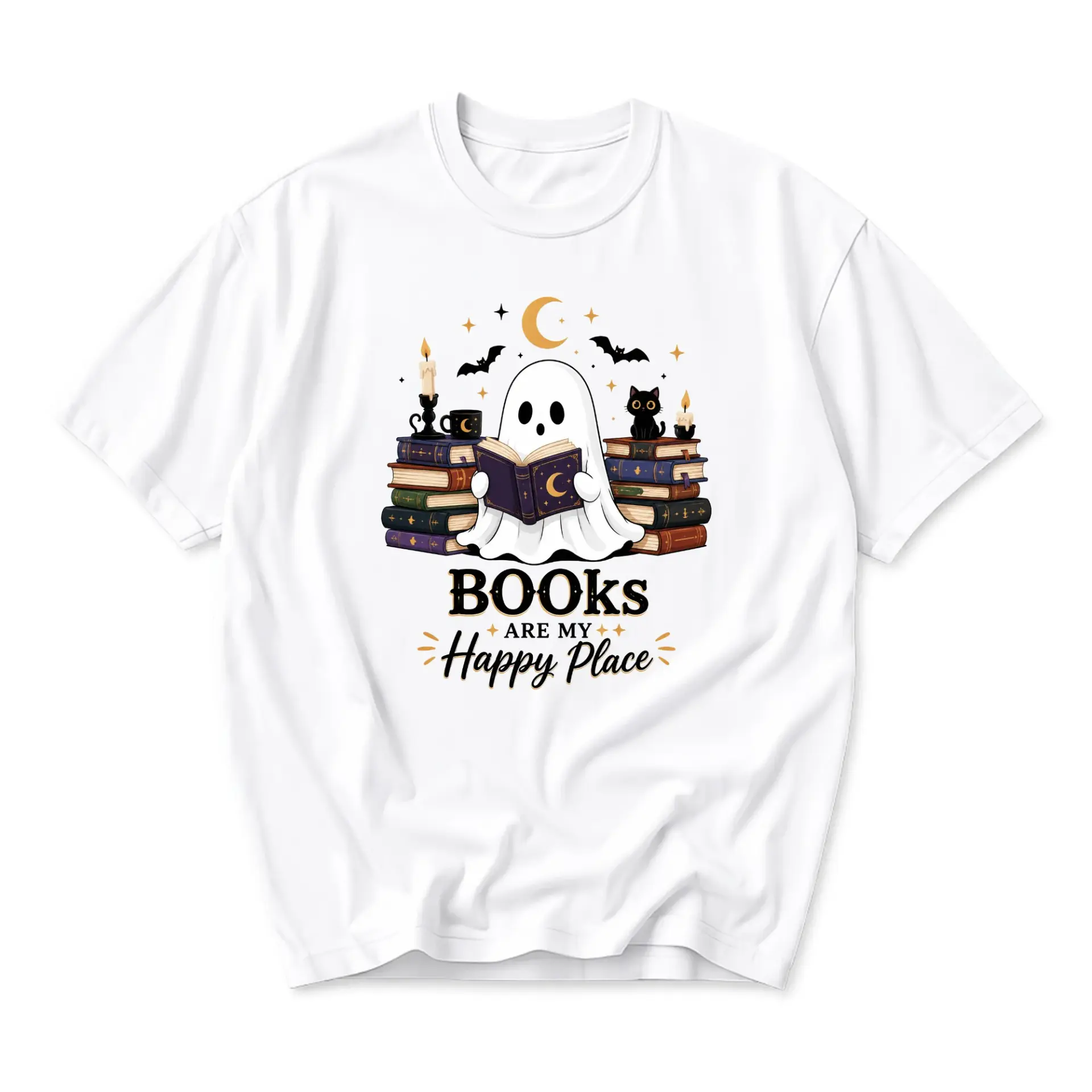 Funny Shirt Books Are My Happy Place Graphic Tee Cute Ghost Reading Librarian Reader Gift Unisex Crew Neck Cotton Top