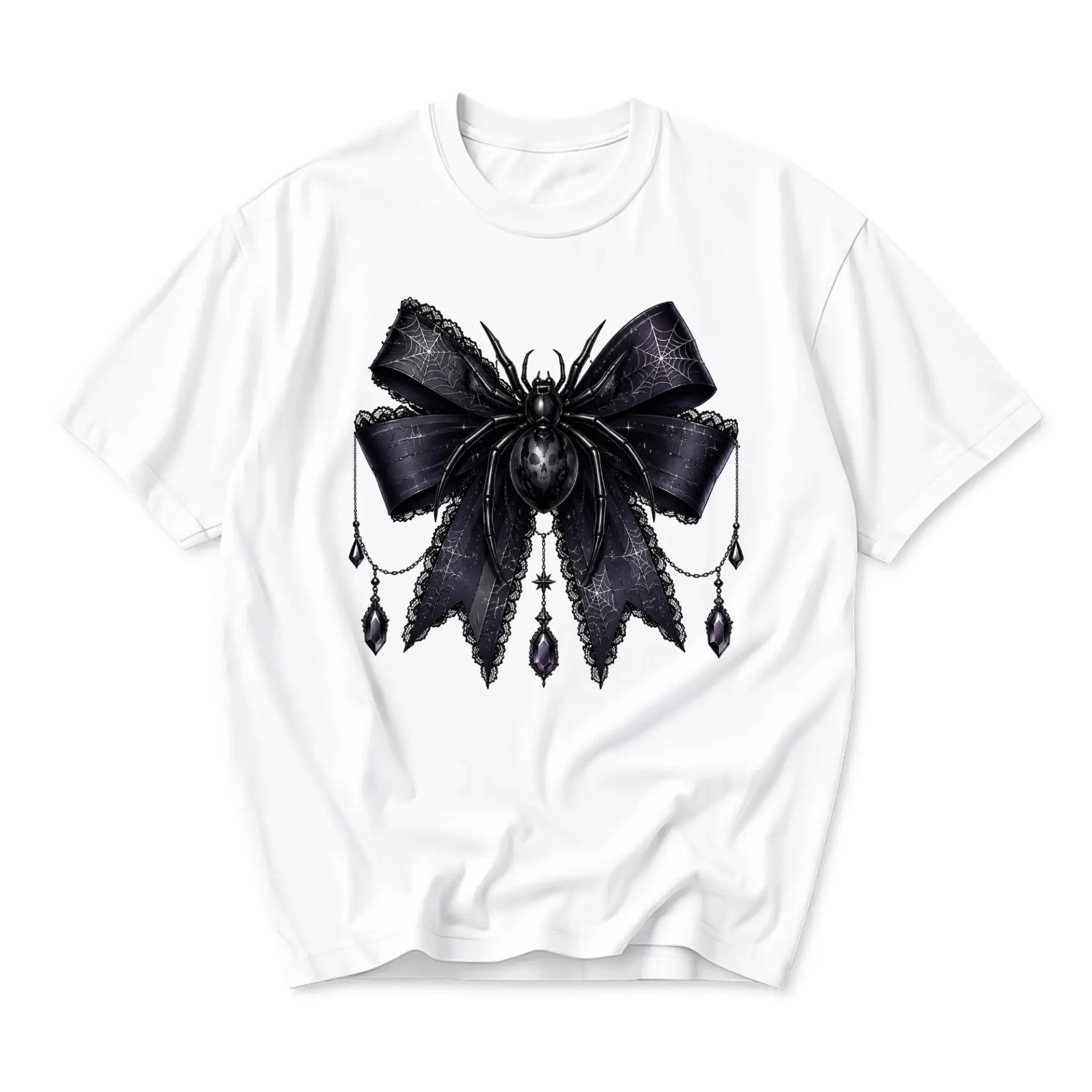 Graphic Tee Gothic Spider Bow Print Unisex Casual Crew Neck T-Shirt Soft Breathable Everyday Wear Black and White