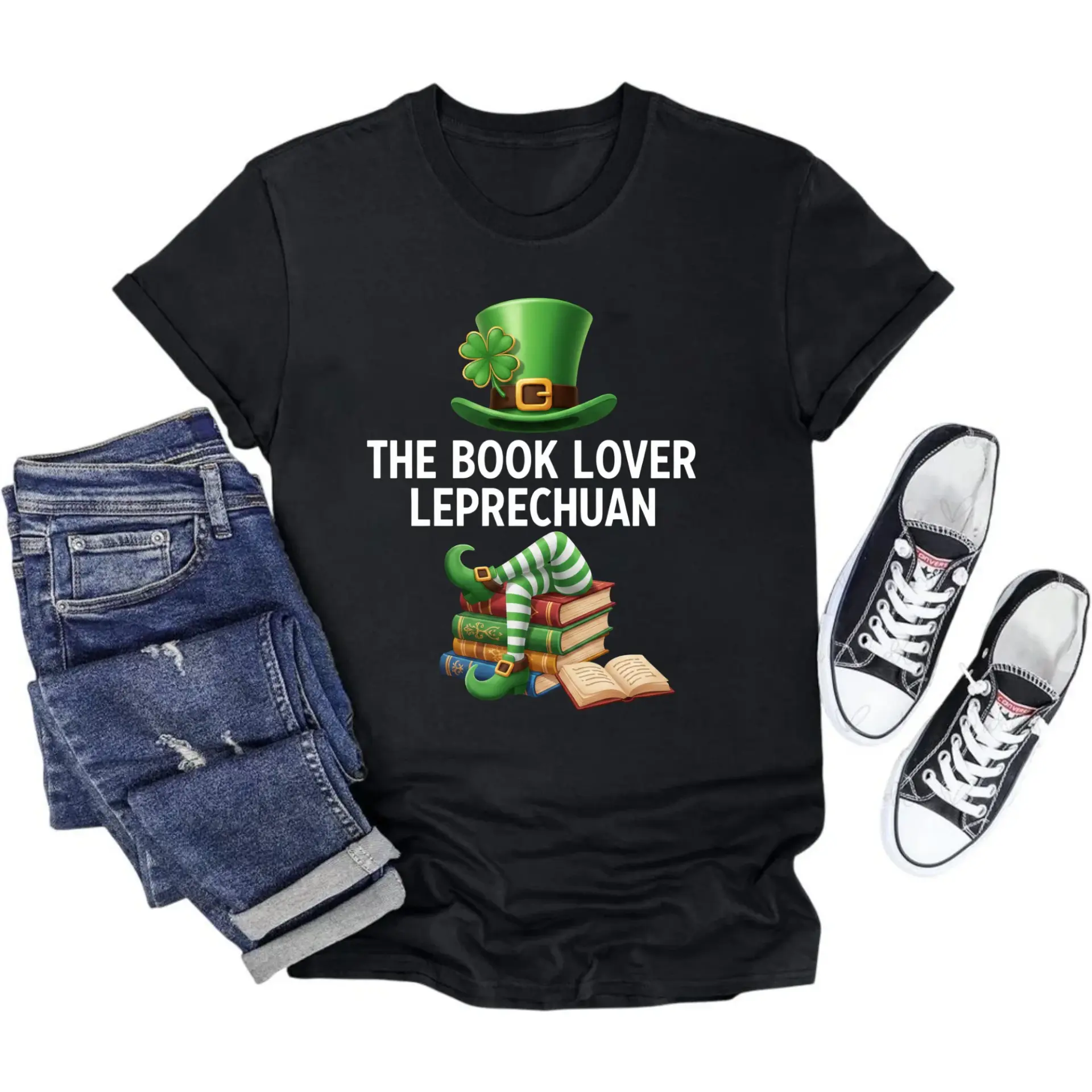 Funny Graphic Tee the Book Lover Leprechan Shirt Unisex Reading Holiday Apparel for Casual Everyday Outfits