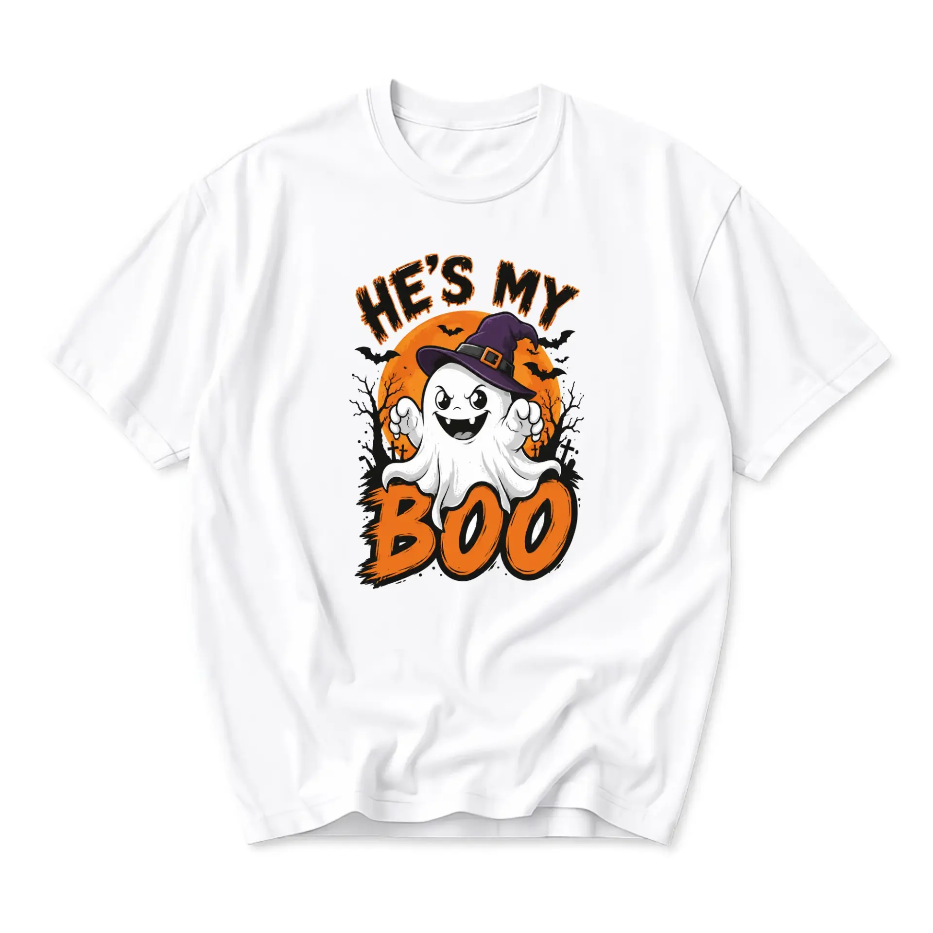Funny Shirt He Is My Boo Ghost Unisex Graphic Printed T-Shirt Casual Fall Seasonal Apparel for Halloween Enthusiasts
