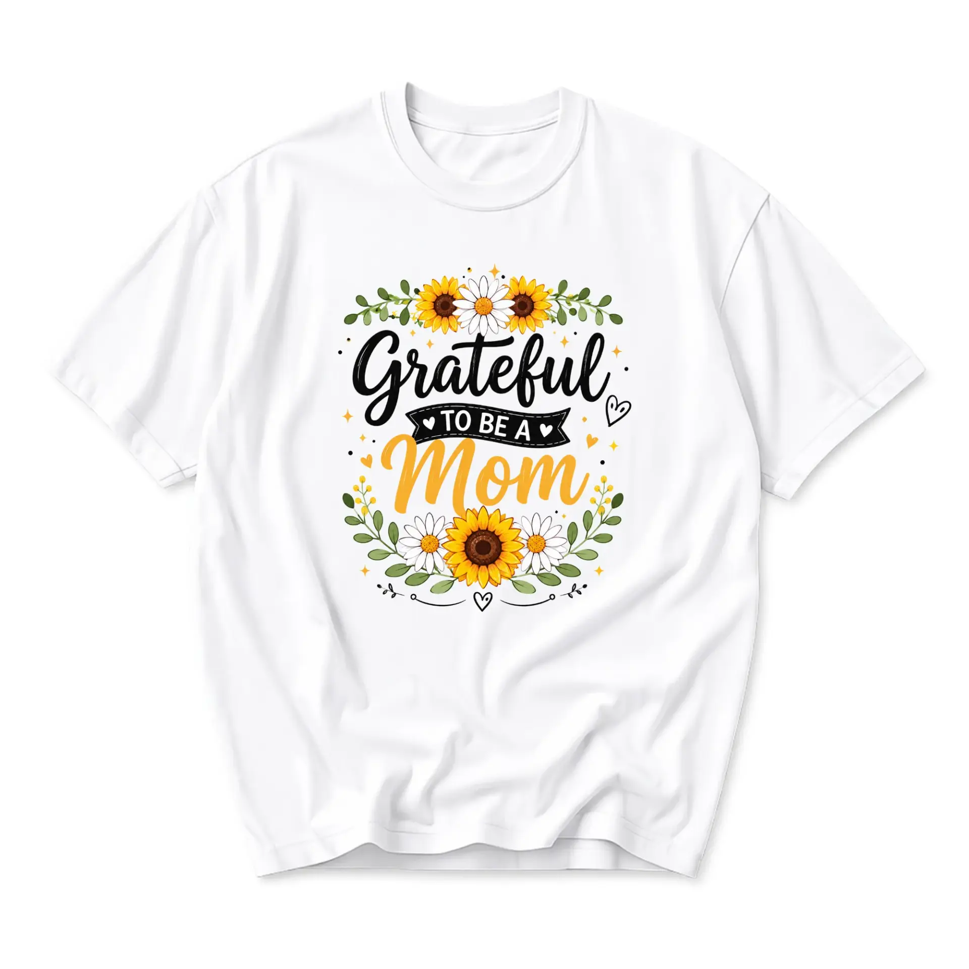 Graphic Tee Grateful to Be a Mom Floral Sunflower Daisy Design Unisex Crew Neck Short Sleeve Cotton Casual Shirt