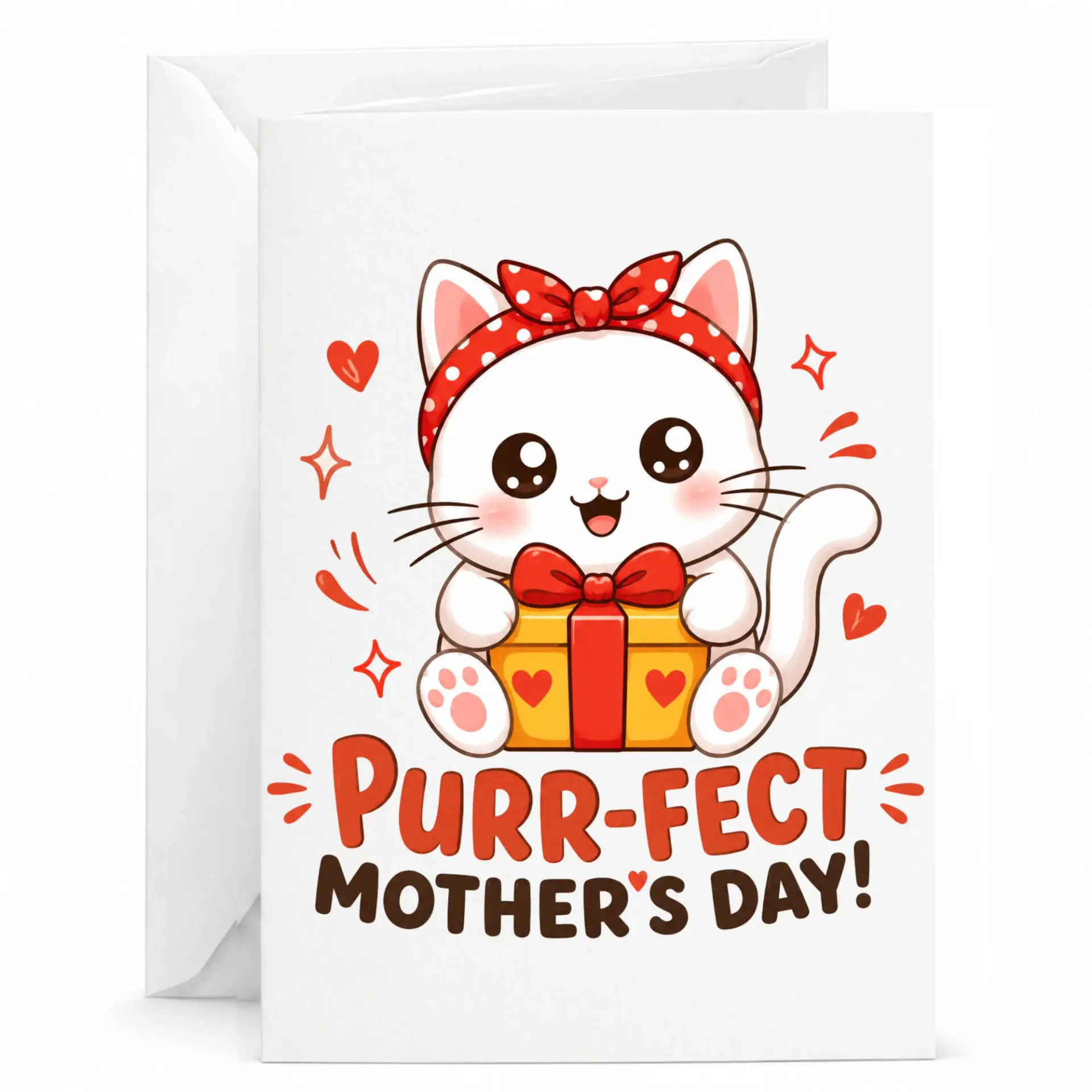 Greeting Card Purr-Fect Mother's Day Cute Cat Illustration Premium Folded Note with White Envelope for Mom