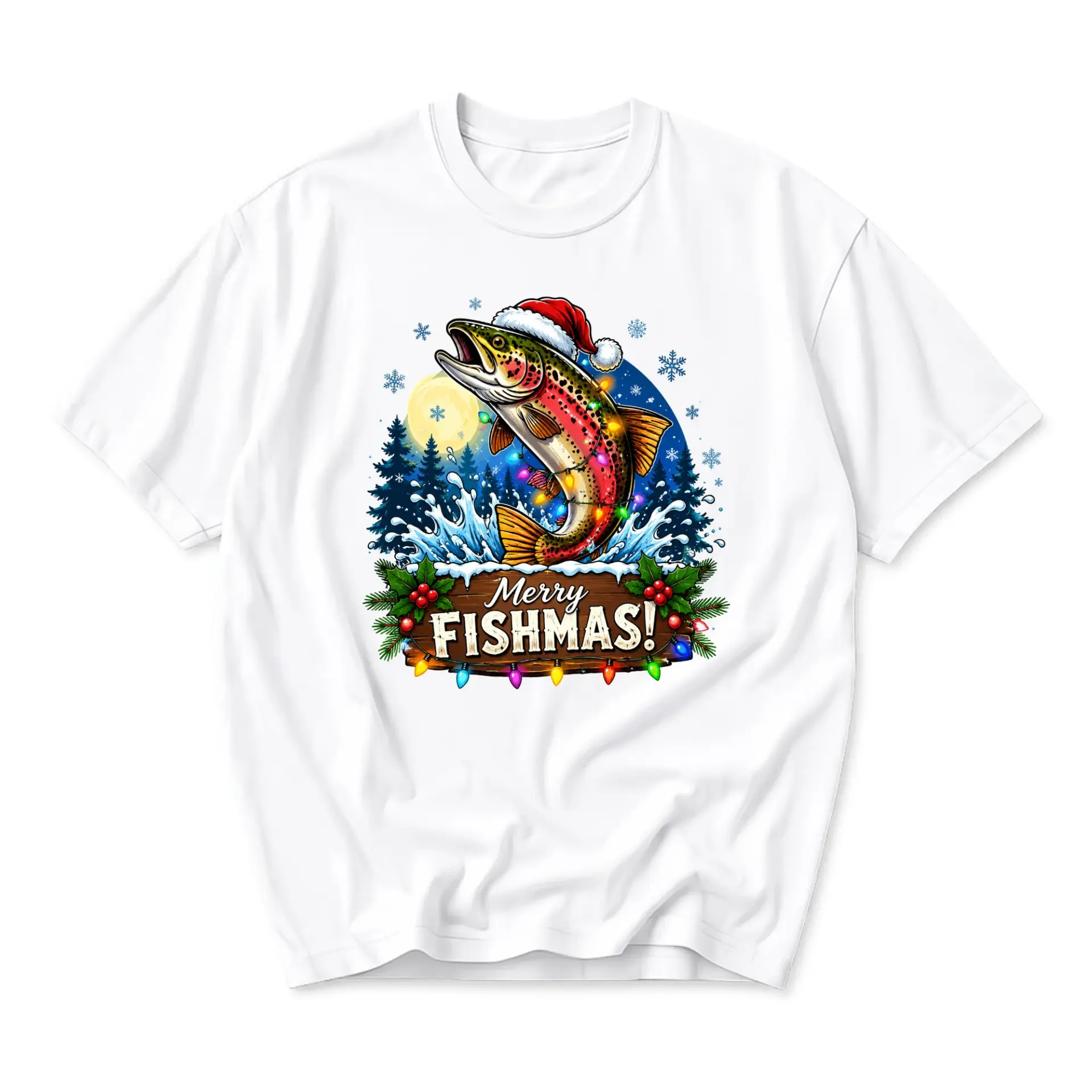 Funny Shirt Merry Fishmas Holiday Graphic Tee Featuring a Festive Jumping Trout Design for Casual Seasonal Wear