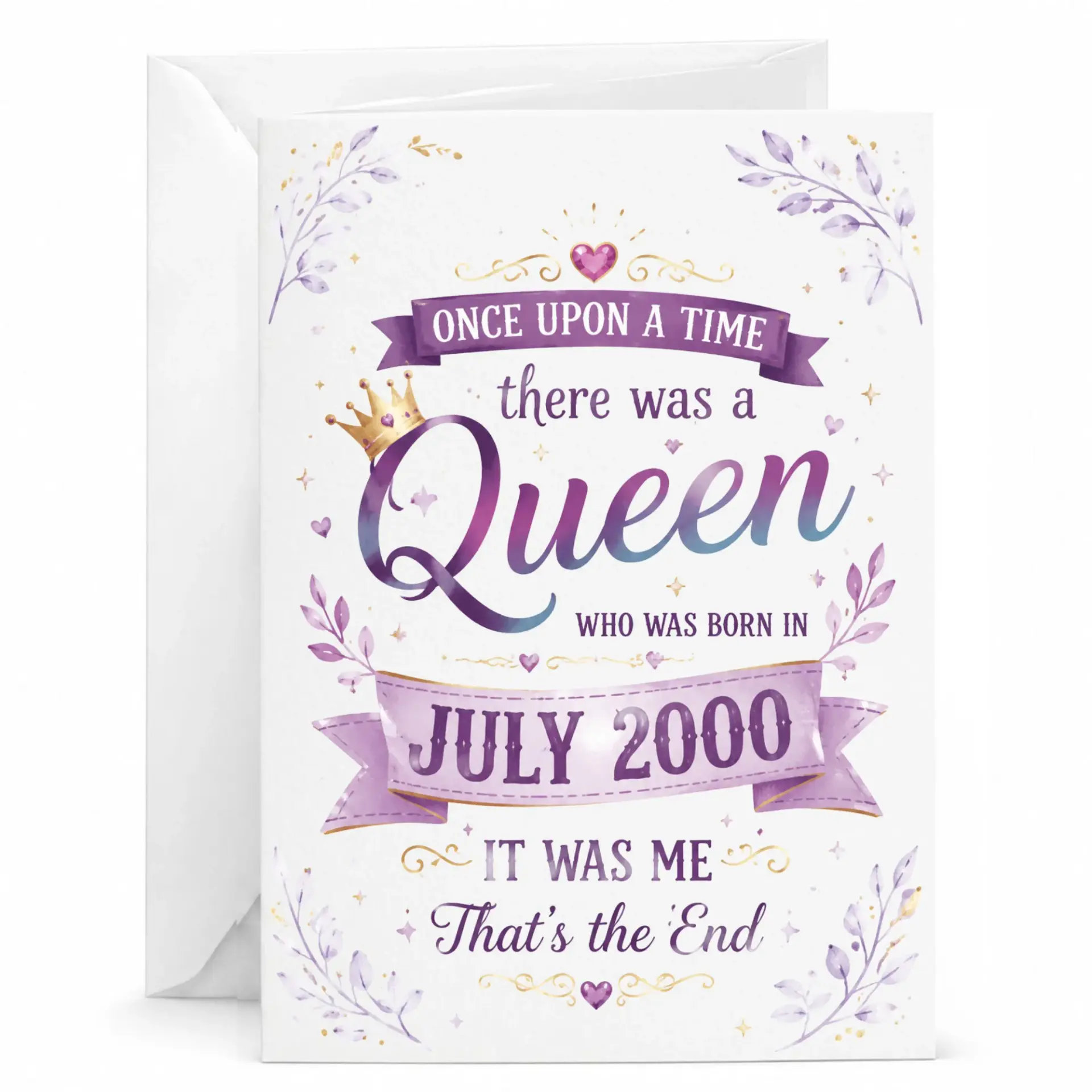 Birthday Greeting Card for Queen Born in July 2000 Elegant Purple and Gold Typography Design Standard 5x7 Folded Note Card